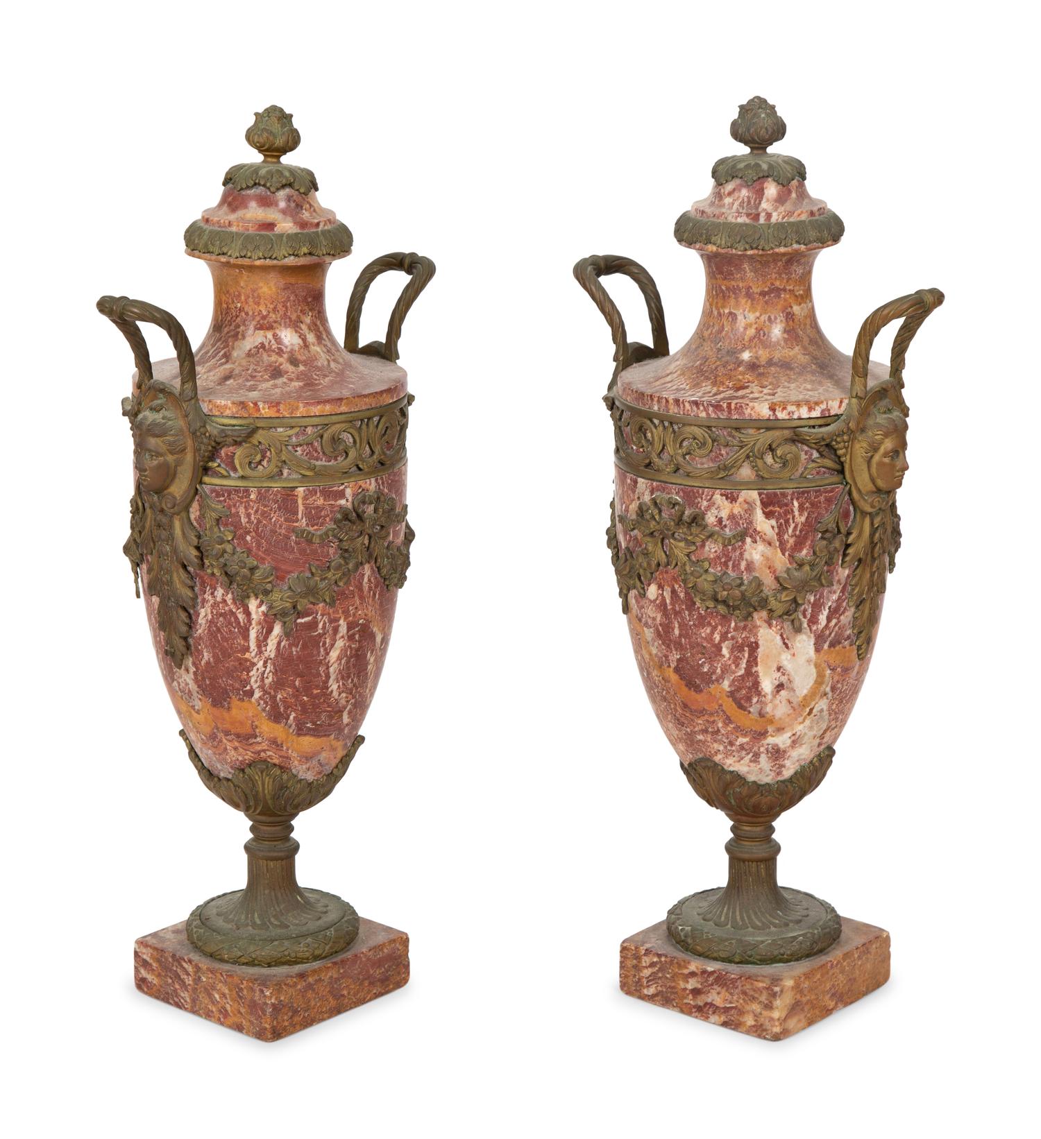 A Pair of English Rouge Marble and Bronze Mounted Urns — EARLY 20TH CENTURY