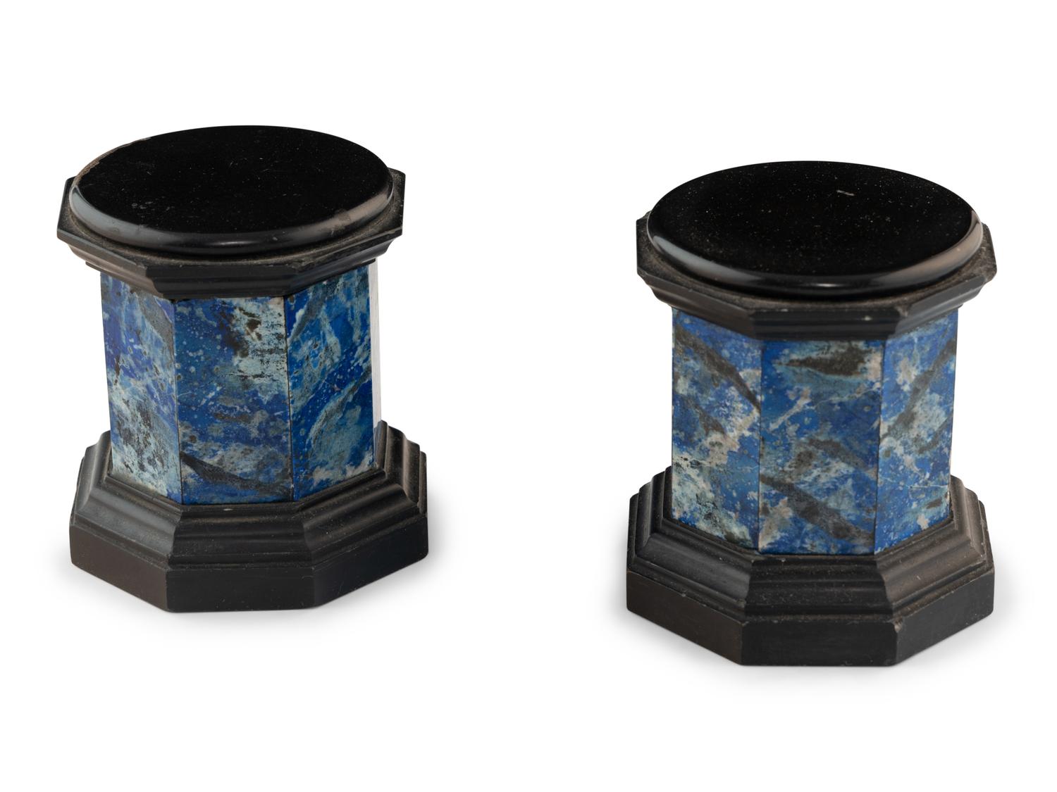 A Pair of Black Stone and Lapis Lazuli Octagonal Small Pedestals