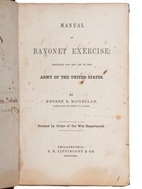 [CIVIL WAR]. A group of 3 items identified to George J. Putney, Company E, 29th Ohio Infantry, comprised of a silver corps badge engraved with battle honors, embellished canteen, and book taken from wreckage at Bristoe Station.