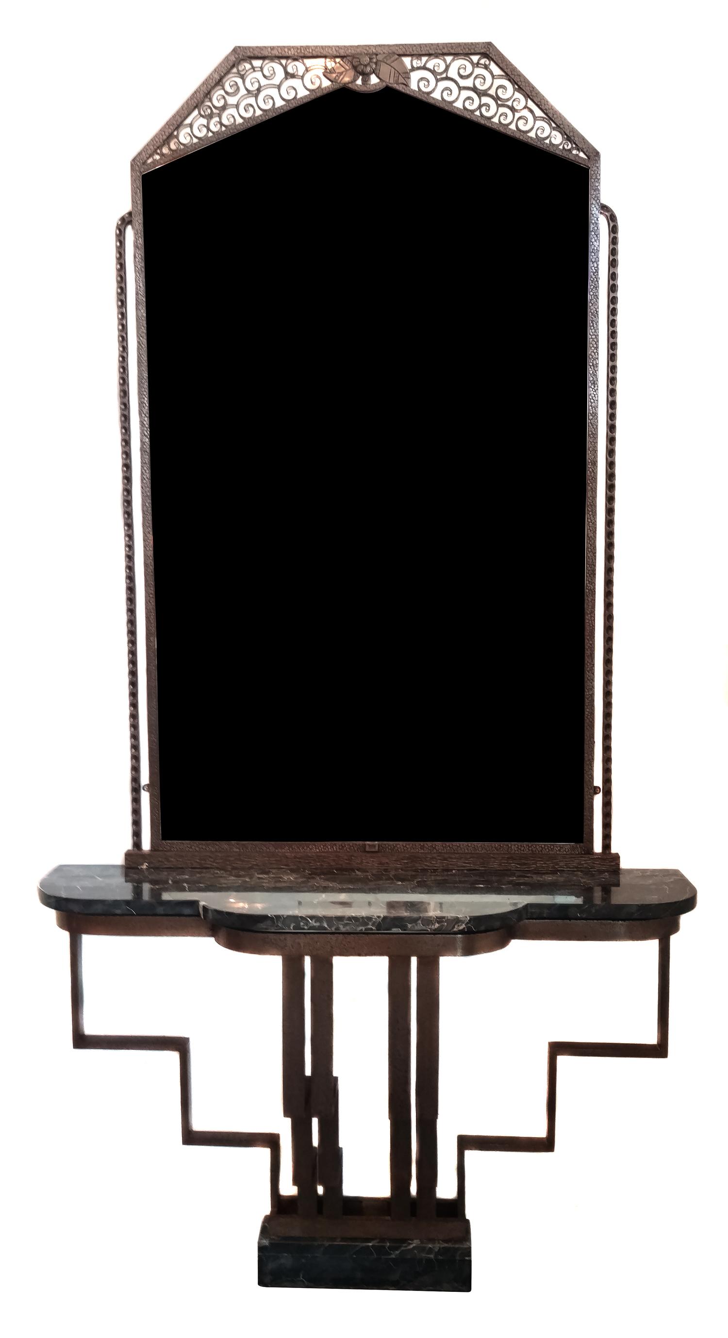 A French Hand Wrought Iron Marble Mirror and Console Table Mirror: 61 3/4 x 38 1/2 inches; Height of console 32 x width 49 inches. — 20TH CENTURY