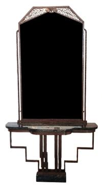 A French Hand Wrought Iron Marble Mirror and Console Table Mirror: 61 3/4 x 38 1/2 inches; Height of console 32 x width 49 inches. — 20TH CENTURY