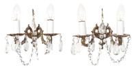 A Pair of Gilt Metal Two-Light Sconces Height 7 inches.