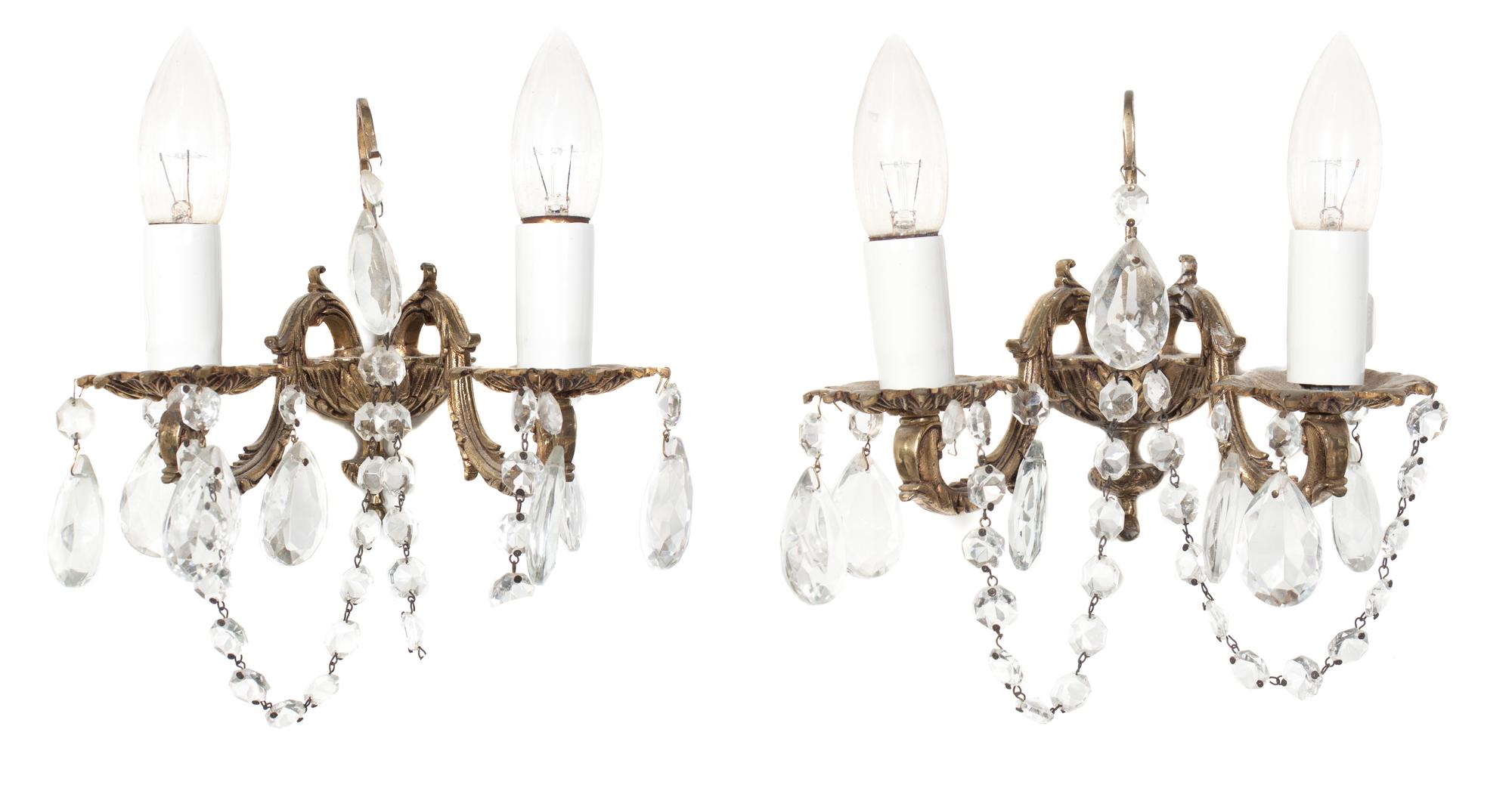 A Pair of Gilt Metal Two-Light Sconces Height 7 inches.