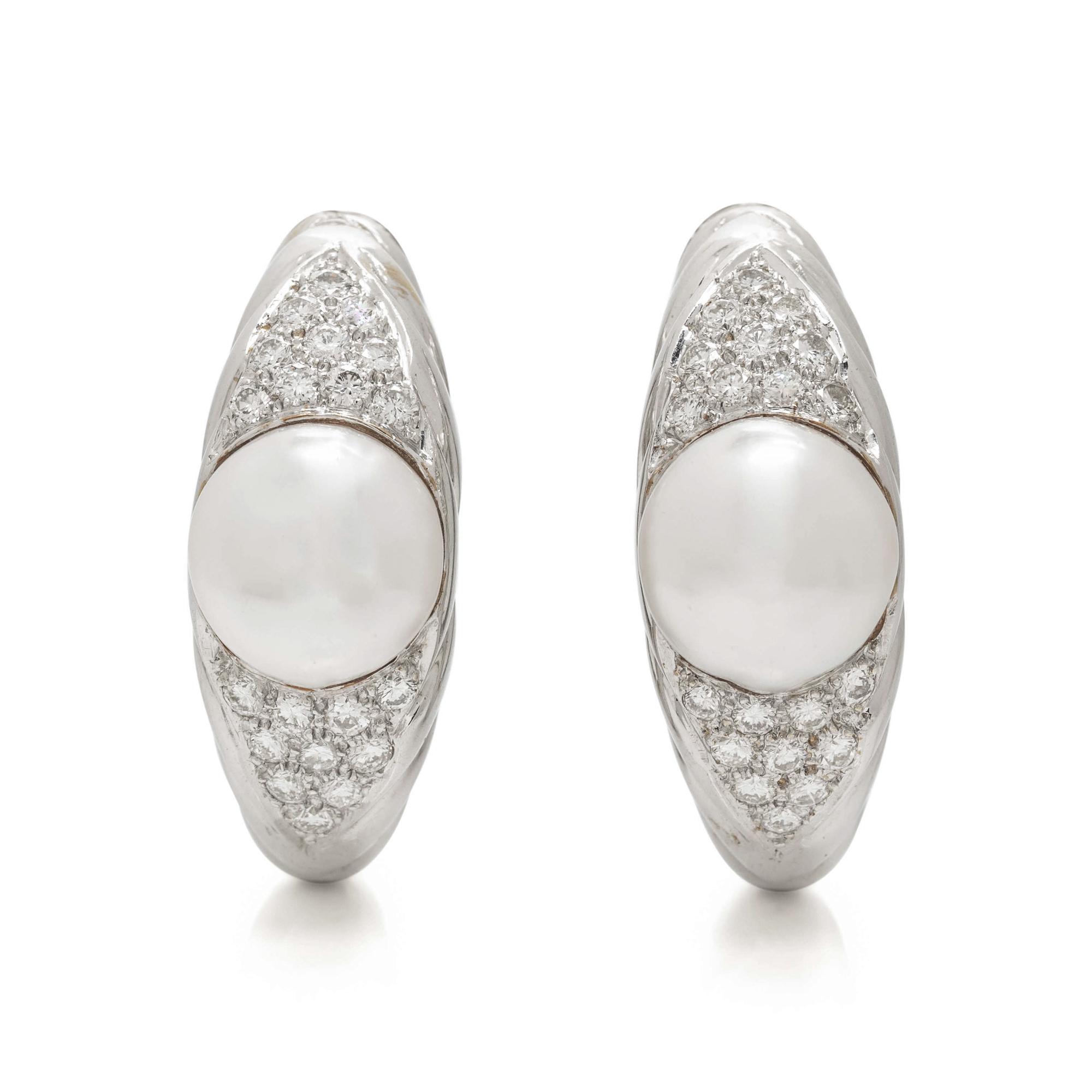 DIAMOND AND CULTURED PEARL HOOP EARCLIPS