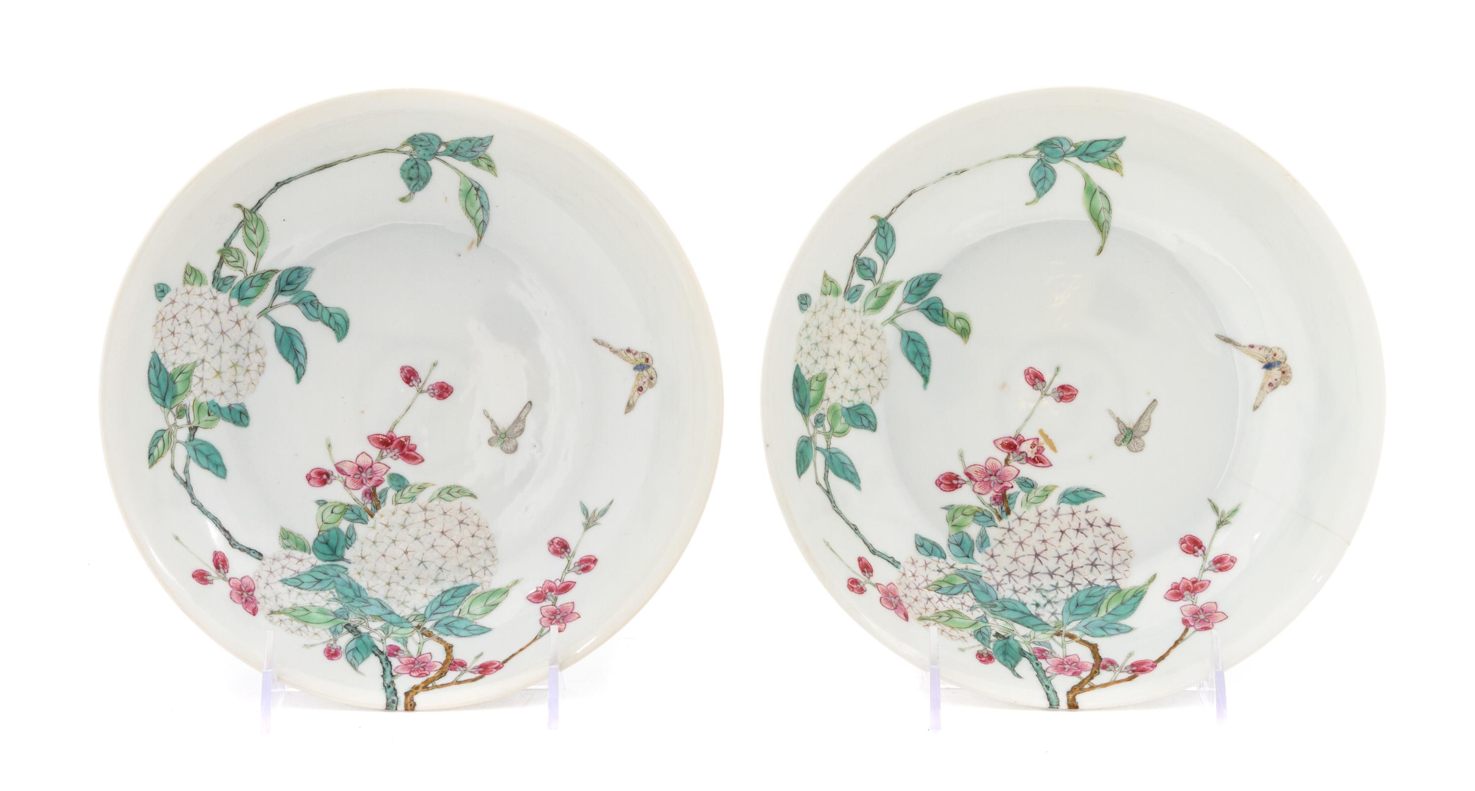 A Pair of Famille Rose Plates LIKELY REPUBLIC PERIOD OR EARLIER Diameter 8 1/4 inches. — LIKELY REPUBLIC PERIOD OR EARLIER