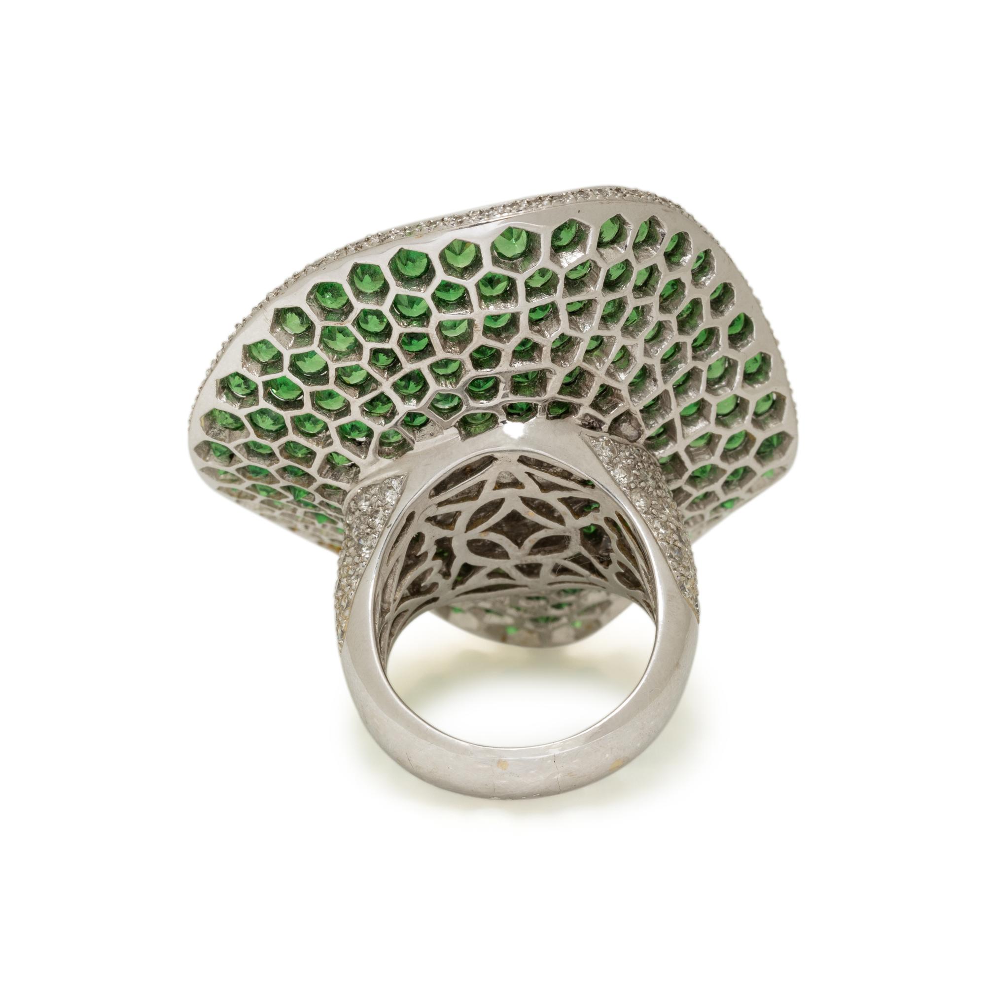 KUNZITE, TSAVORITE GARNET, AND DIAMOND LILY PAD RING