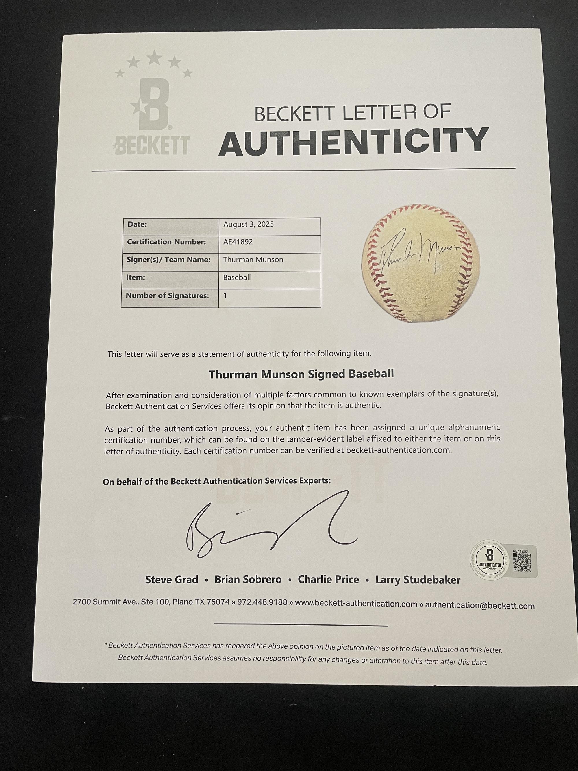 A Scarce Thurman Munson Single Signed Autograph Baseball (Beckett Authentication Services Letter)