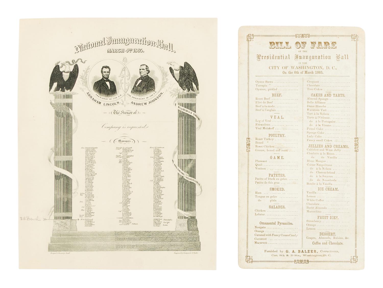 [1865 INAUGURATION]. An invitation and menu to the National Inauguration Ball. Washington, D.C., 4 March 1865.