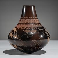 Three-Toned Sgraffito Pottery Jar, with Birds and Lightning