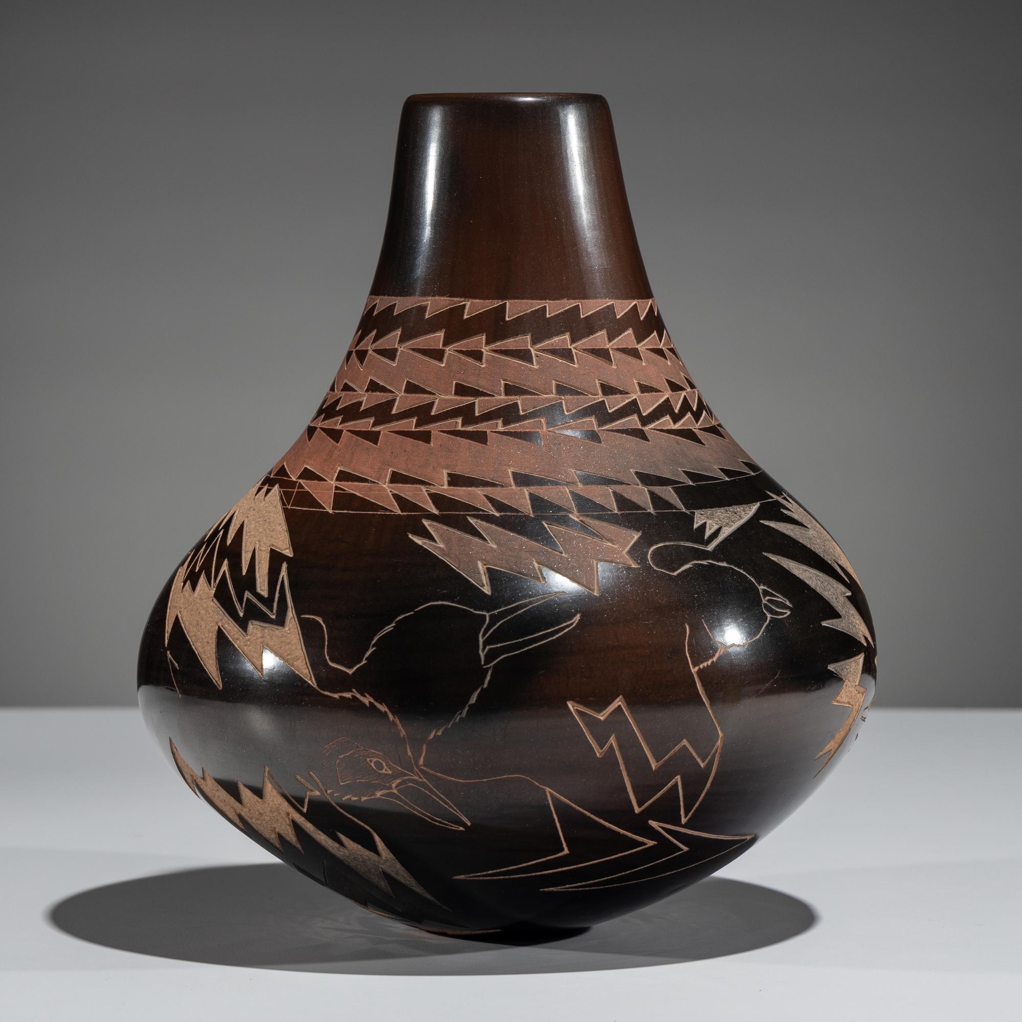 Three-Toned Sgraffito Pottery Jar, with Birds and Lightning