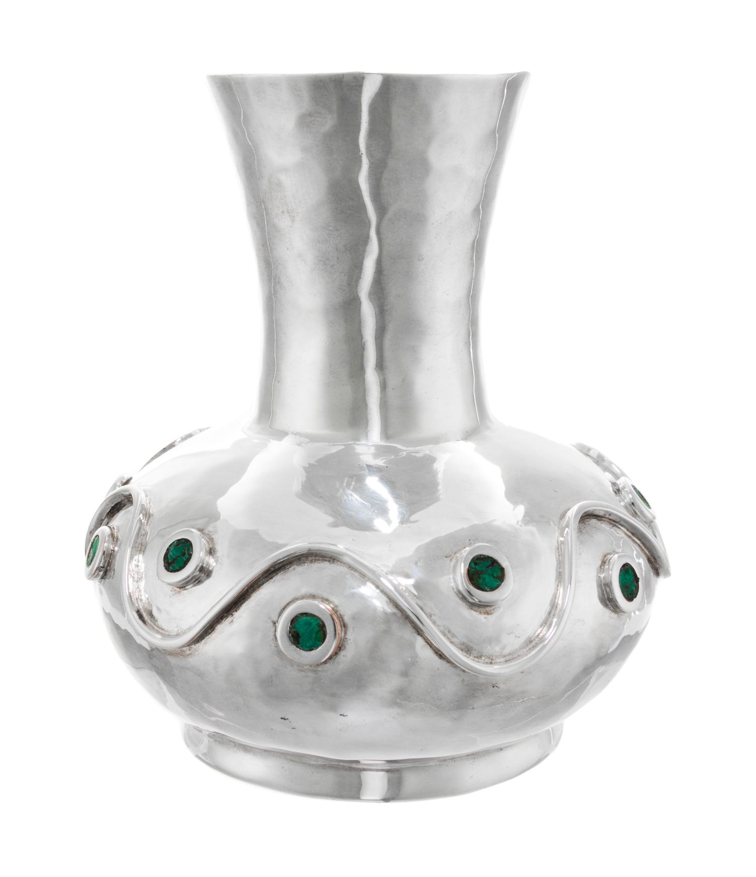 A Mexican Silver-Plate Vase, Mark of Los Castillo, Taxco, Mid-20th Century, of gourd form having applied decoration and tourquoise embe