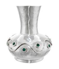 A Mexican Silver-Plate Vase, Mark of Los Castillo, Taxco, Mid-20th Century, of gourd form having applied decoration and tourquoise embe