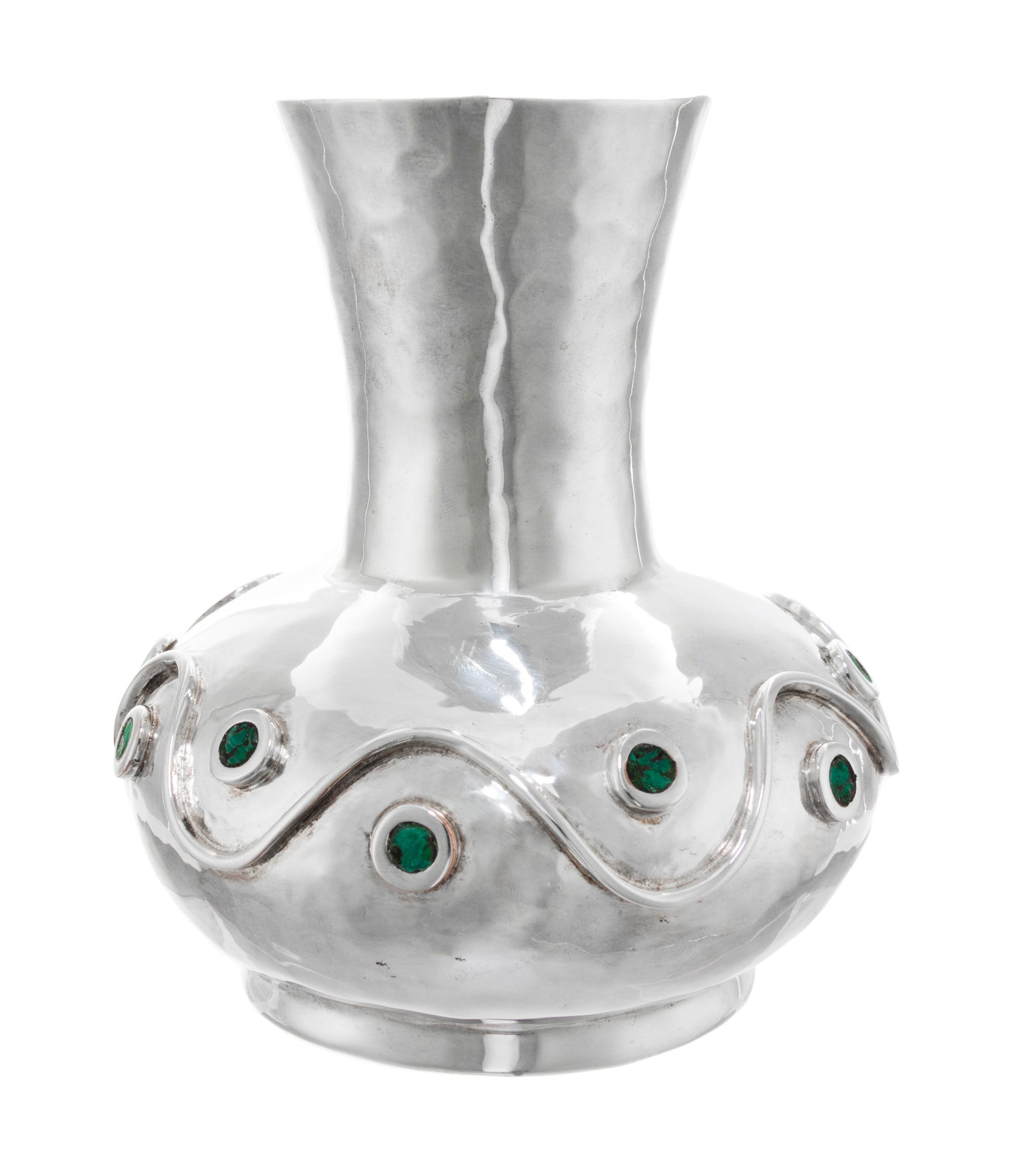 A Mexican Silver-Plate Vase, Mark of Los Castillo, Taxco, Mid-20th Century, of gourd form having applied decoration and tourquoise embe