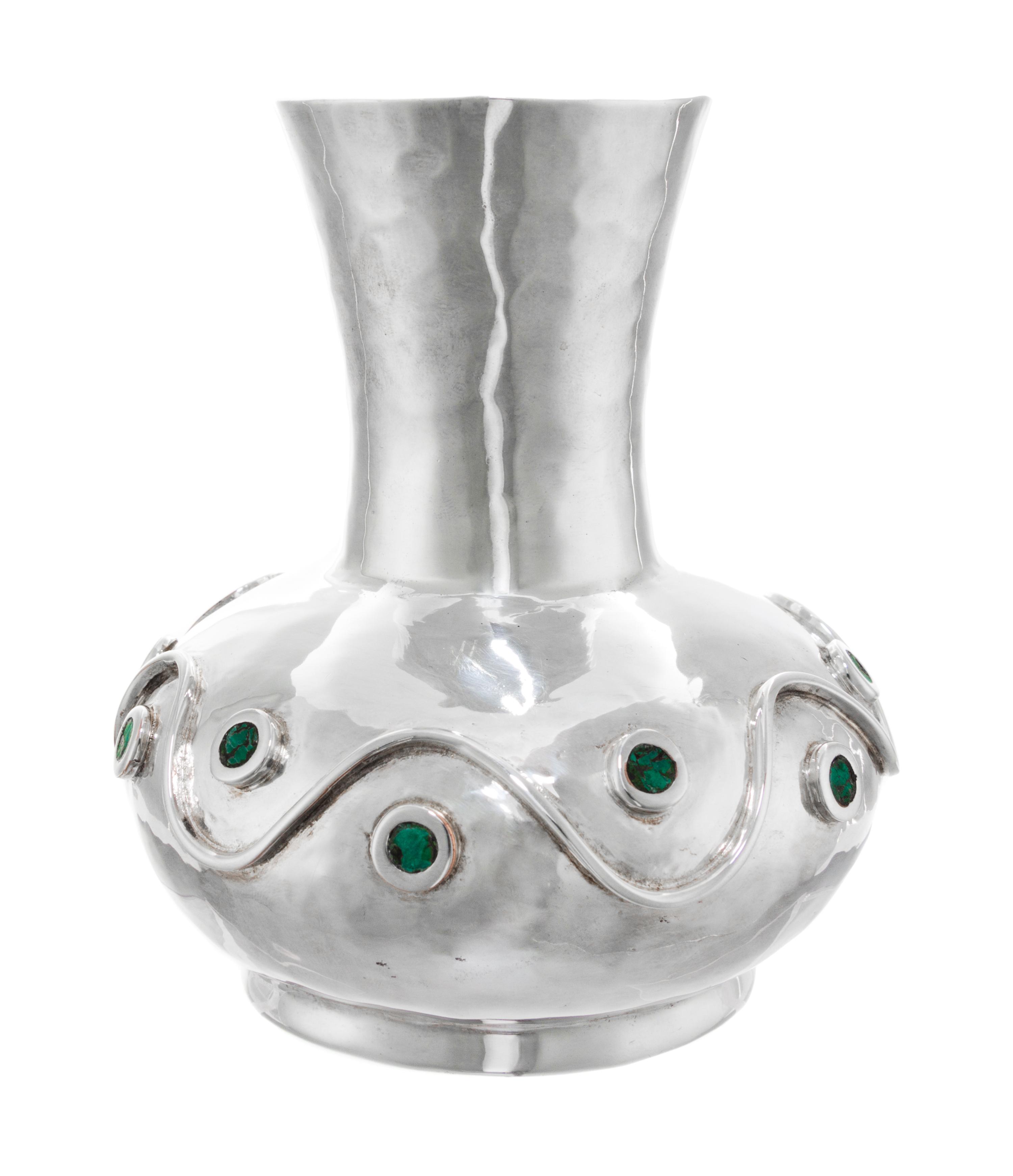 A Mexican Silver-Plate Vase, Mark of Los Castillo, Taxco, Mid-20th Century, of gourd form having applied decoration and tourquoise embe