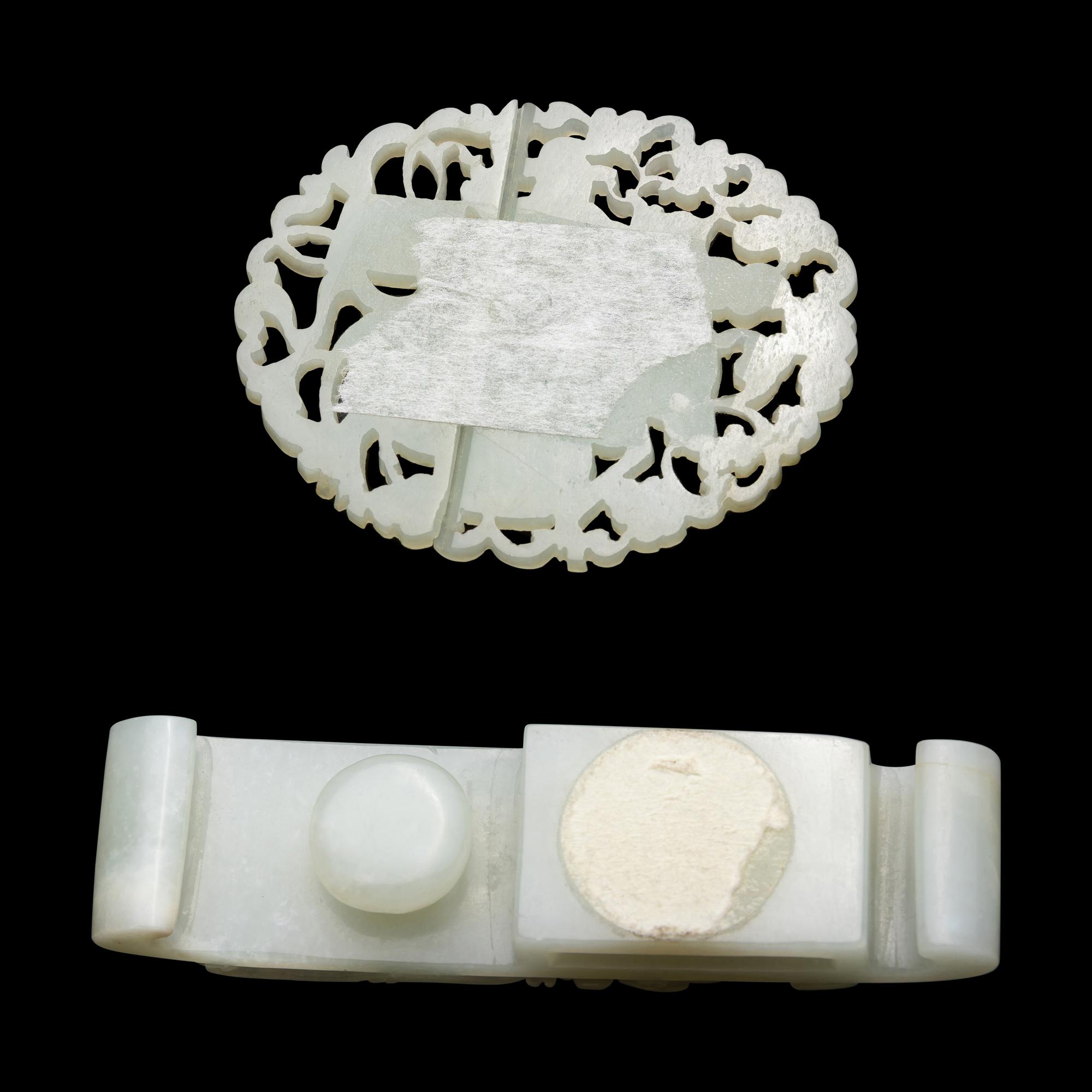 A Chinese Carved White Jade Joined Roundel and a White Jade "Dragon" Buckle, Qing Dynasty 清 白玉龍鈎及帶扣