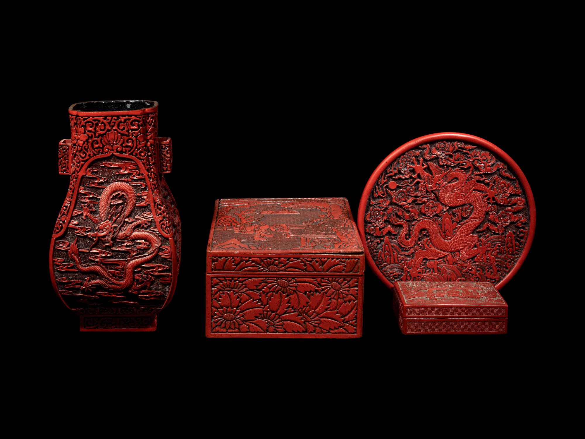 Four Chinese Carved Red Lacquer Articles