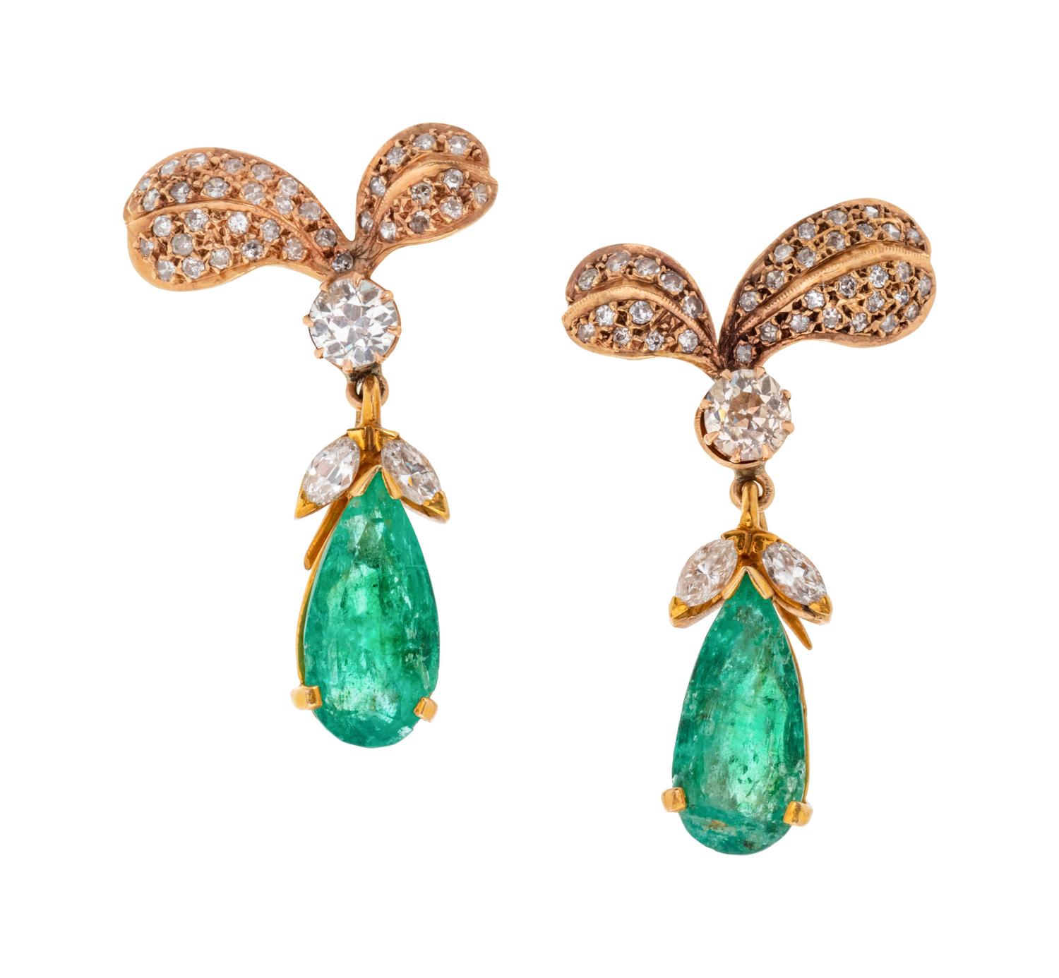 A Pair of Convertible Yellow Gold, Emerald and Diamond Earrings,