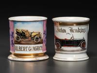 Two Shaving Mugs Depicting Open Touring Automobiles