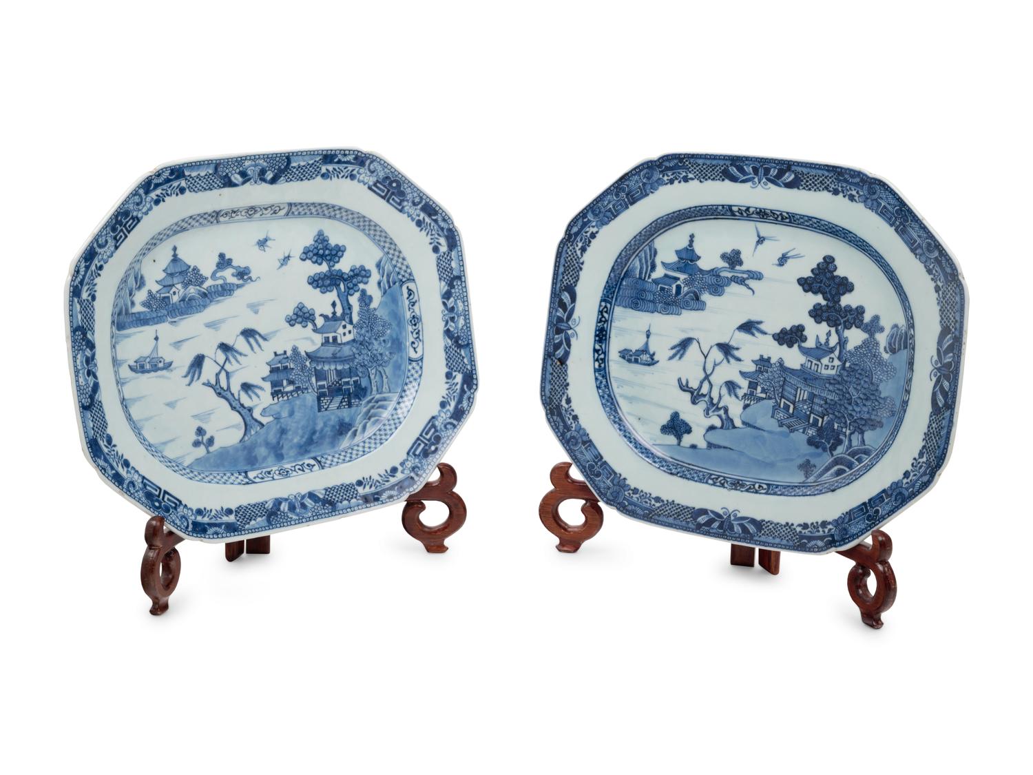 Two Chinese Export Blue and White Porcelain Platters