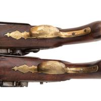 Pair of British Flintlock Pistols with Belt Hooks by Hampton