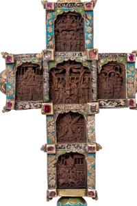 A Greek Gem-Set and Enameled Silver and Carved Olivewood Cross