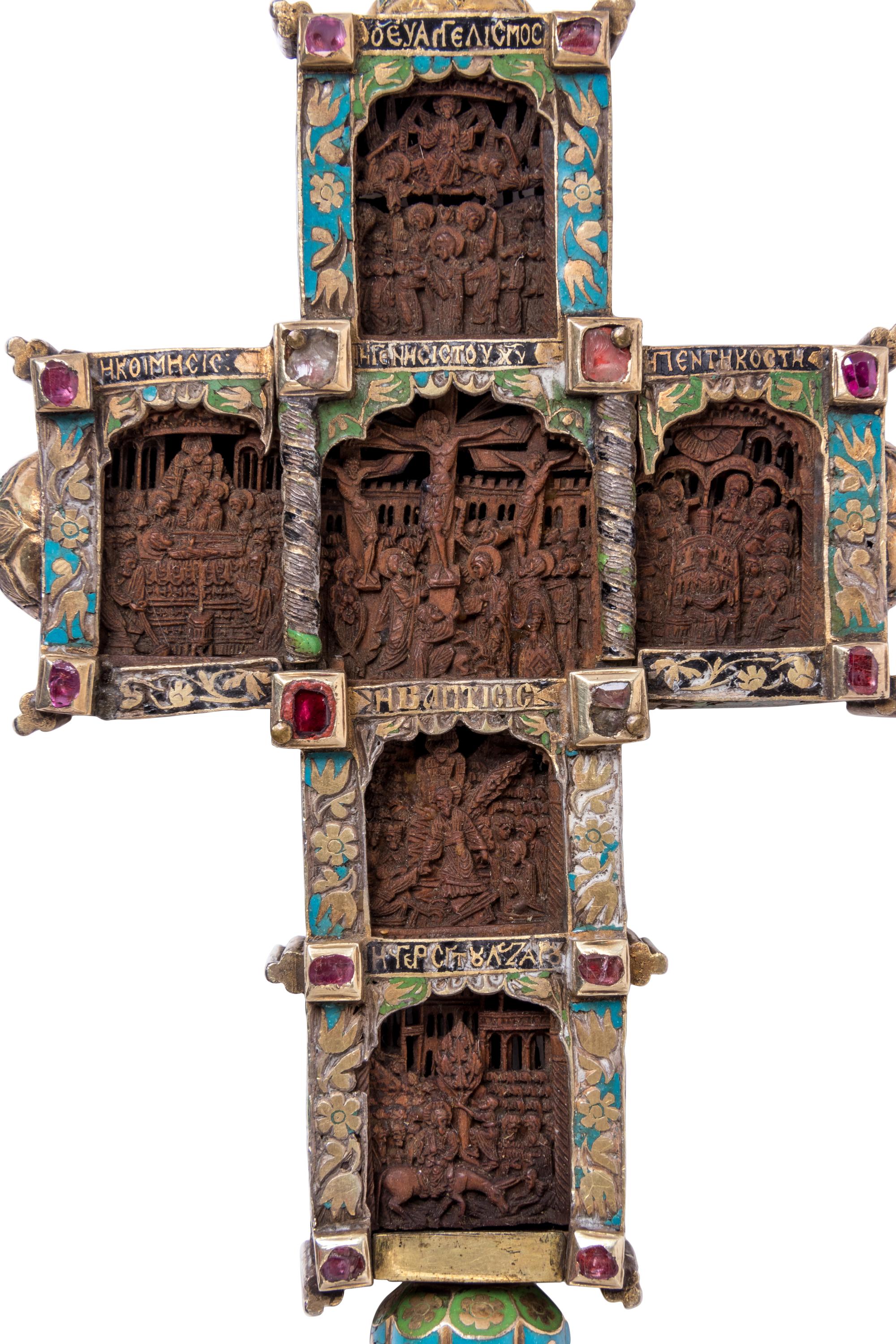 A Greek Gem-Set and Enameled Silver and Carved Olivewood Cross