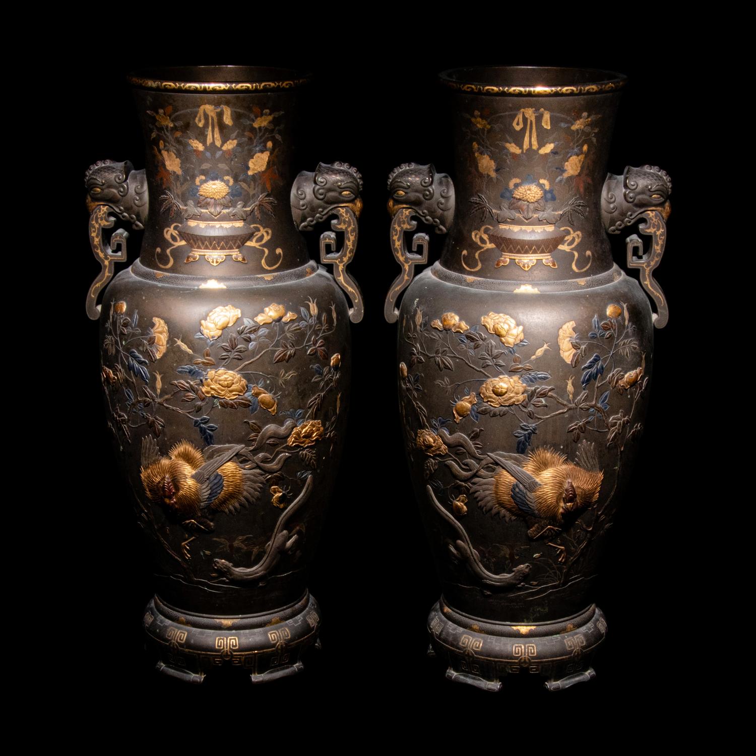 A Pair of Japanese Bronze and Mixed-Metal Baluster Vases, Meiji Period, Late 19th Century