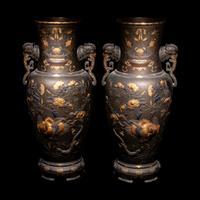 A Pair of Japanese Bronze and Mixed-Metal Baluster Vases, Meiji Period, Late 19th Century