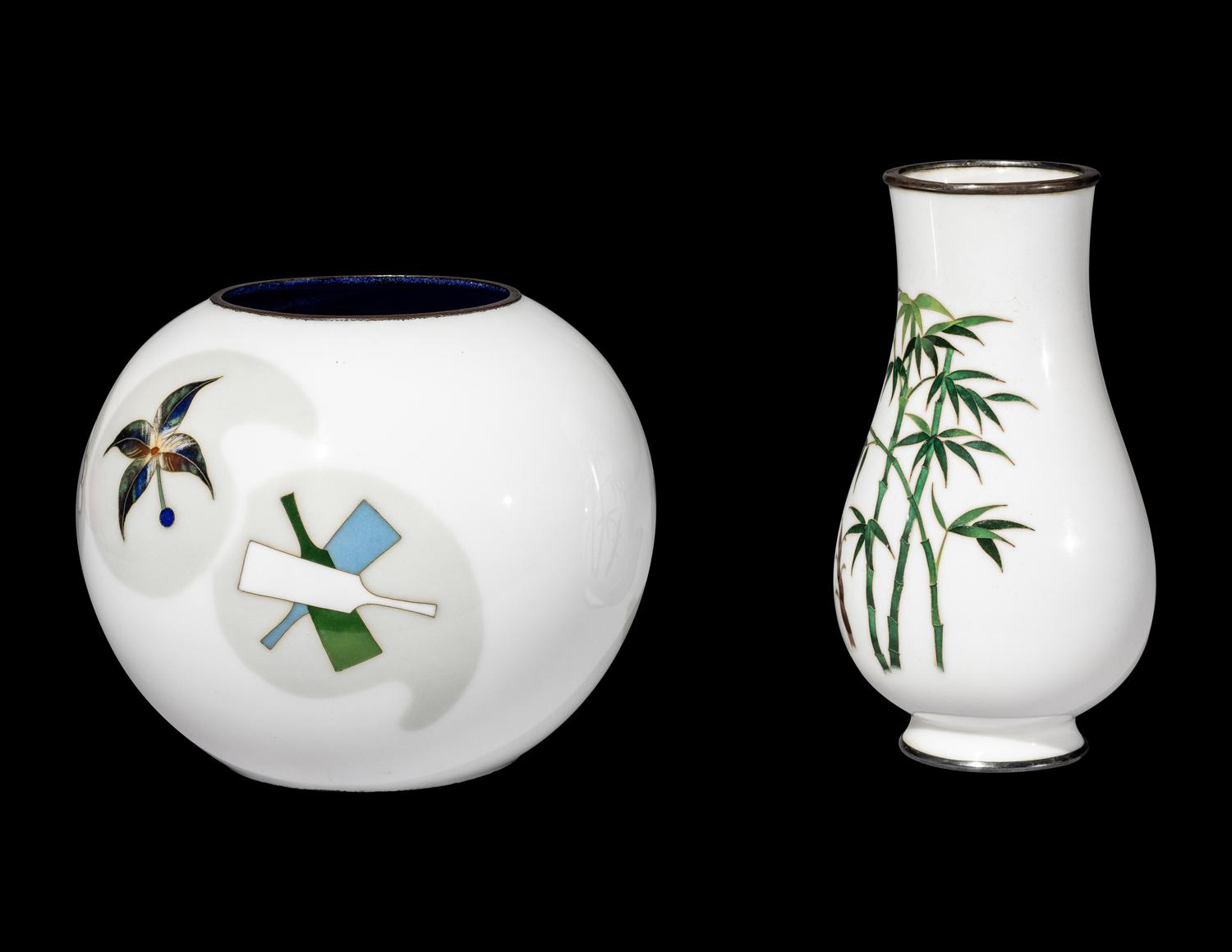 Two Japanese White Ground Cloisonné Enamel Vases