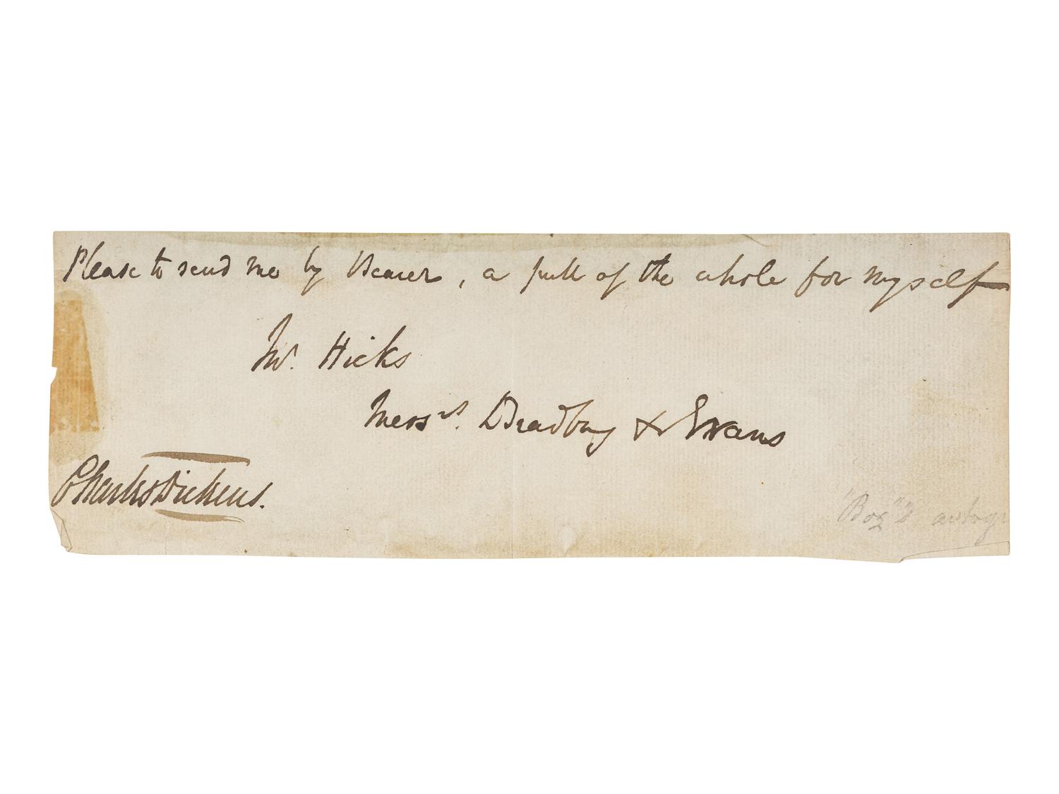 DICKENS, Charles (1812-1870). Autograph document signed (“Charles Dickens”), n.d. [ca 1837-39].