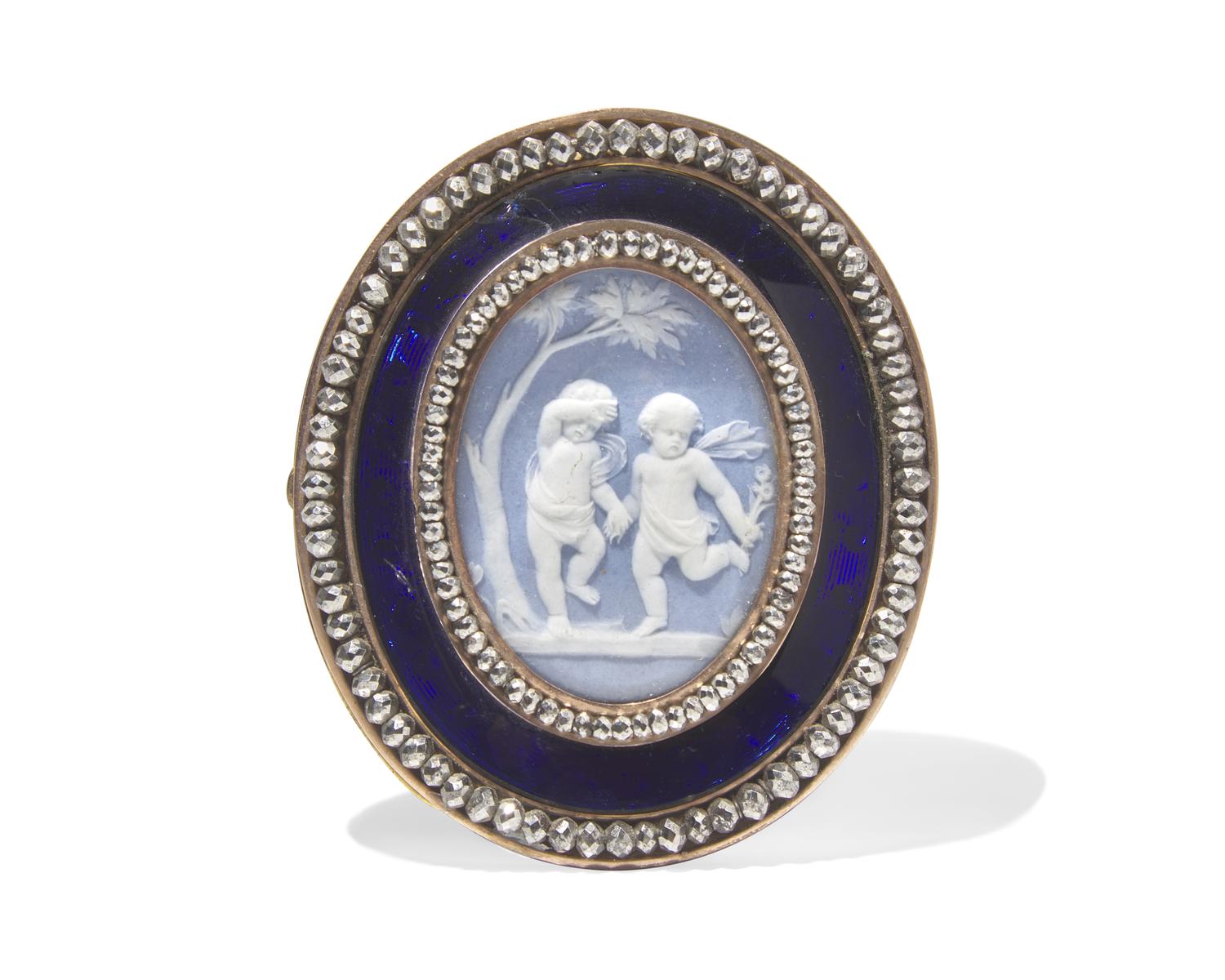 A Brass, Guilloché Enamel and Marcasite Brooch with Inset Wedgwood Jasperware Cameo Buckle
