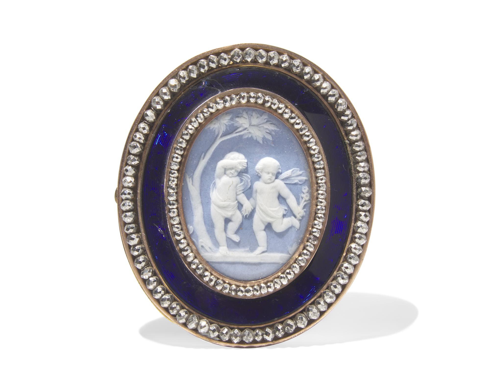 A Brass, Guilloché Enamel and Marcasite Brooch with Inset Wedgwood Jasperware Cameo Buckle