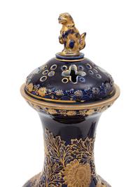 An English Cobalt Glazed and Gilt Decorated Earthenware Potpourri Vase