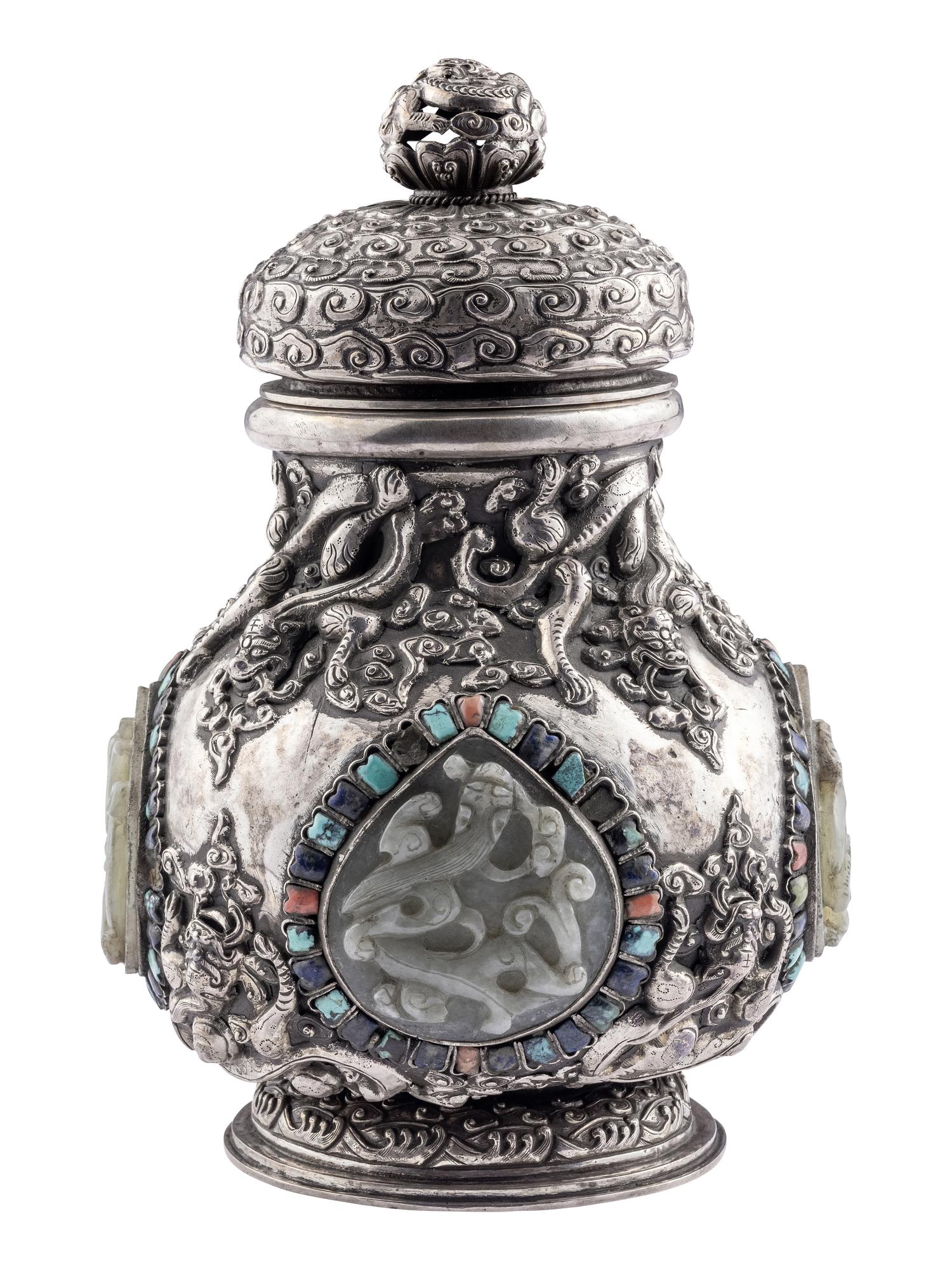 A Mongolian Jade and Hardstone Inset Silver Covered Hu Vessel