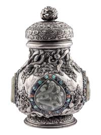 A Mongolian Jade and Hardstone Inset Silver Covered Hu Vessel