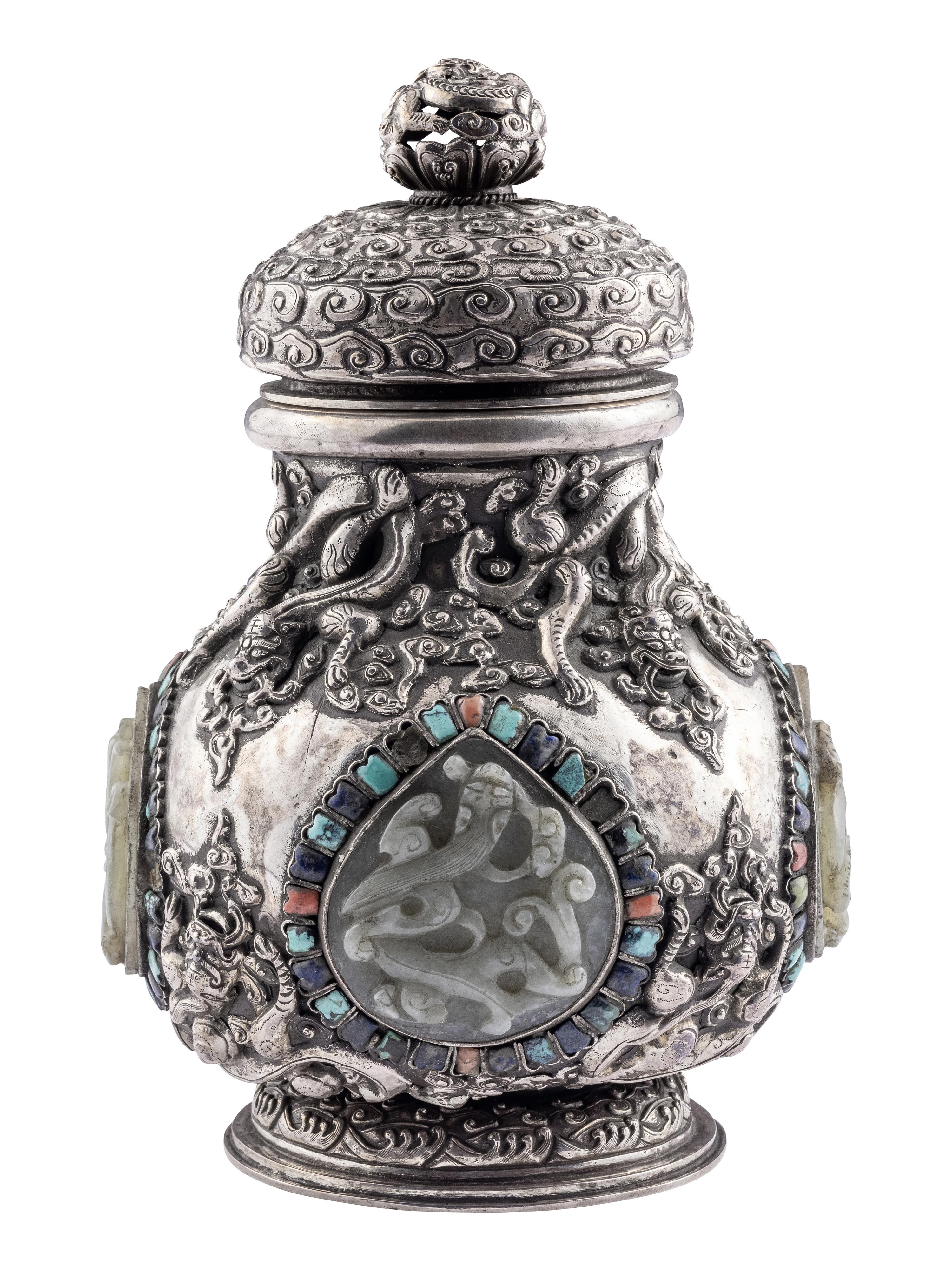 A Mongolian Jade and Hardstone Inset Silver Covered Hu Vessel