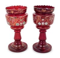 A Pair of Persian Market Enameled Glass Oil Lamps