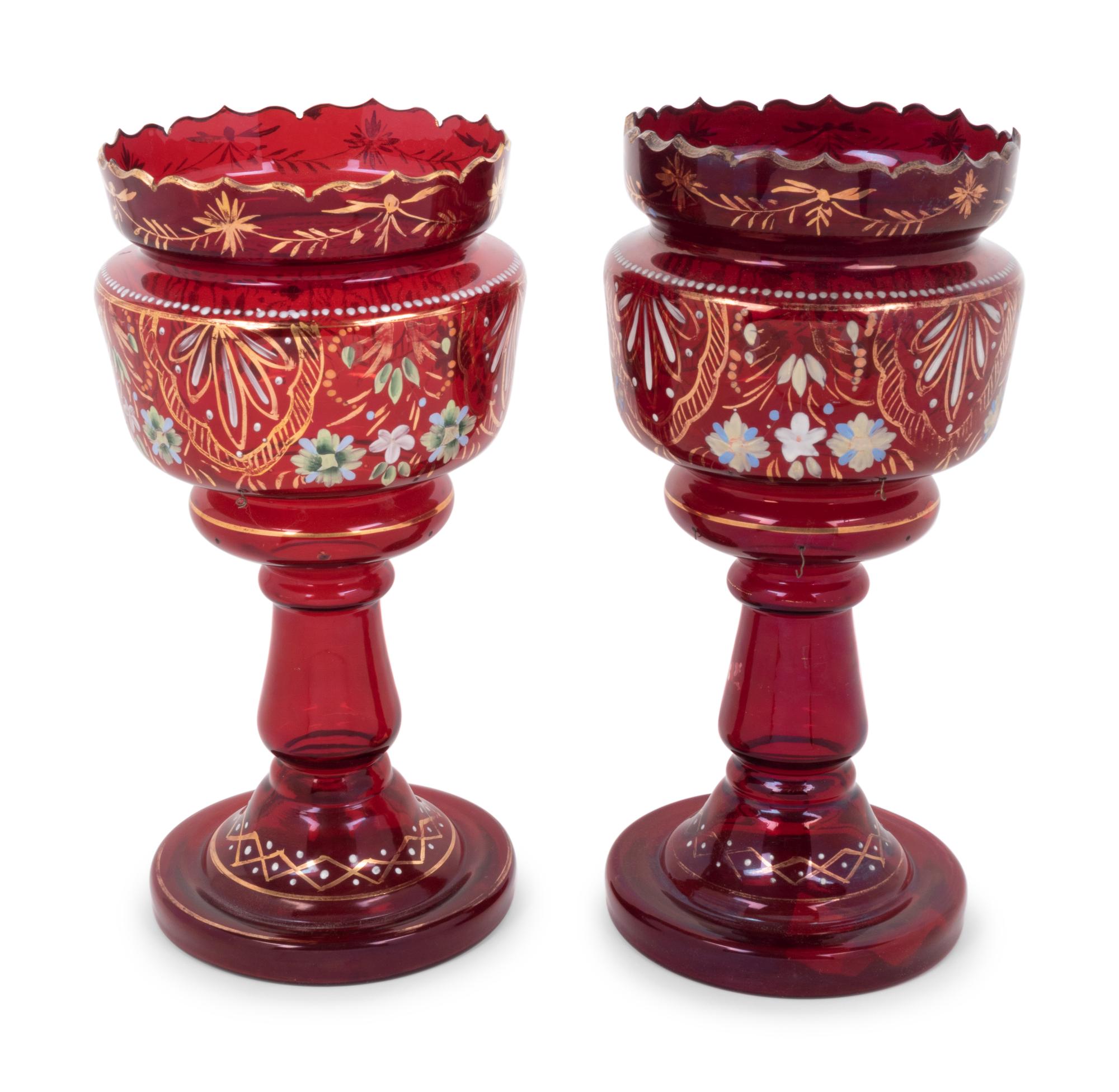 A Pair of Persian Market Enameled Glass Oil Lamps