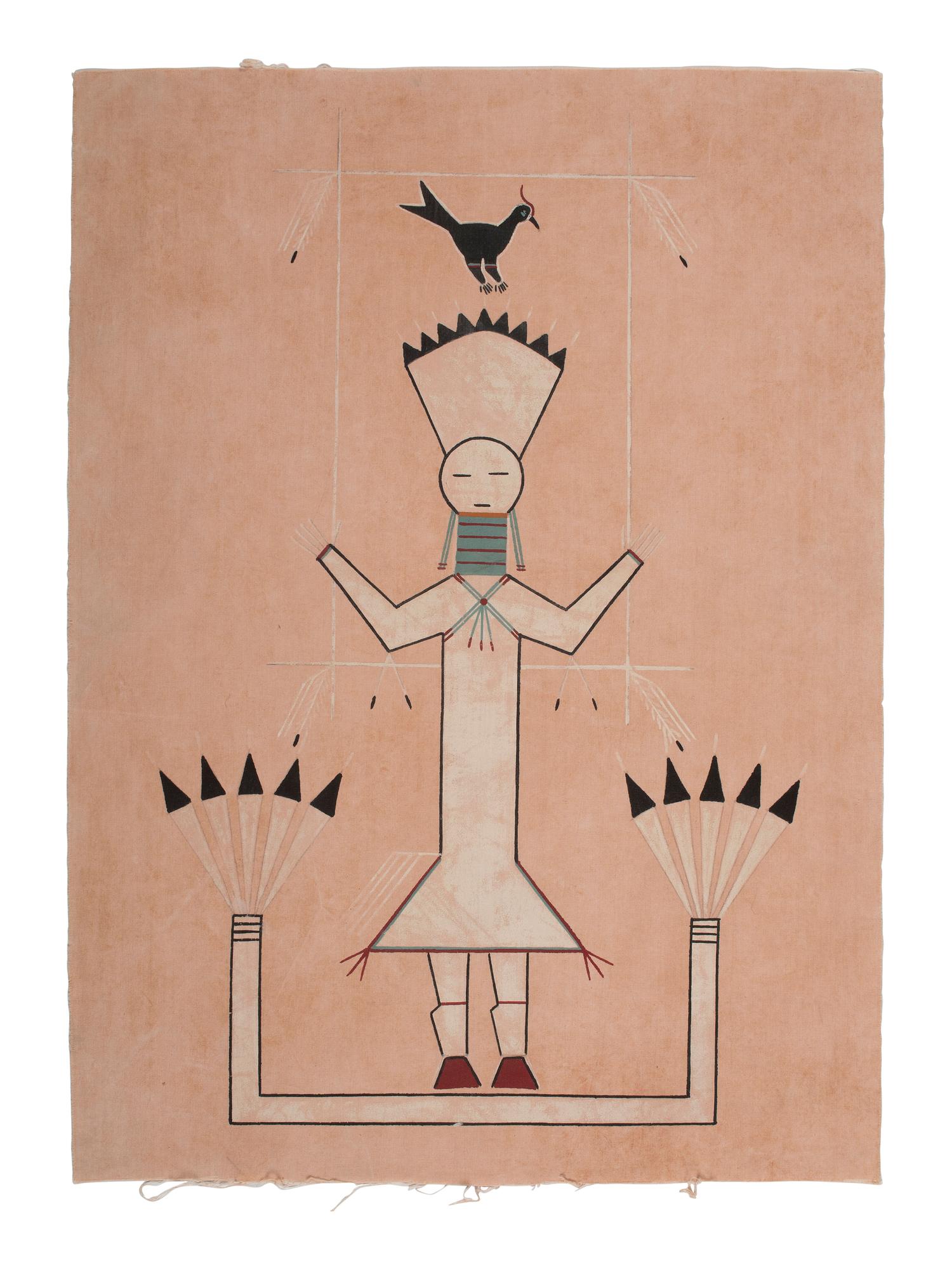 Memory Aid, White Figure with Headdress and Bird