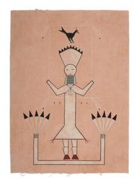 Memory Aid, White Figure with Headdress and Bird