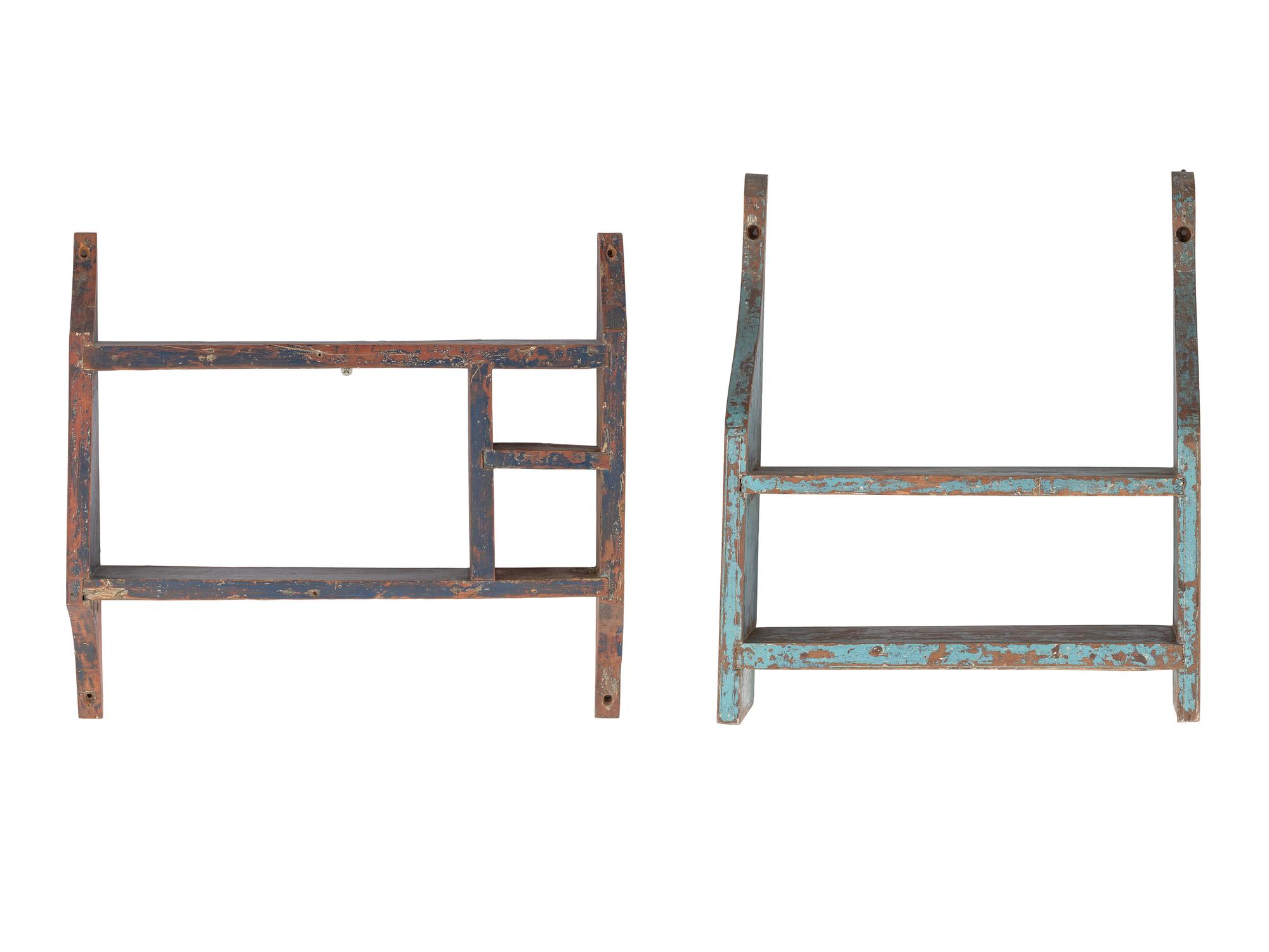 Two Country Blue-Paint Decorated Hanging Shelves