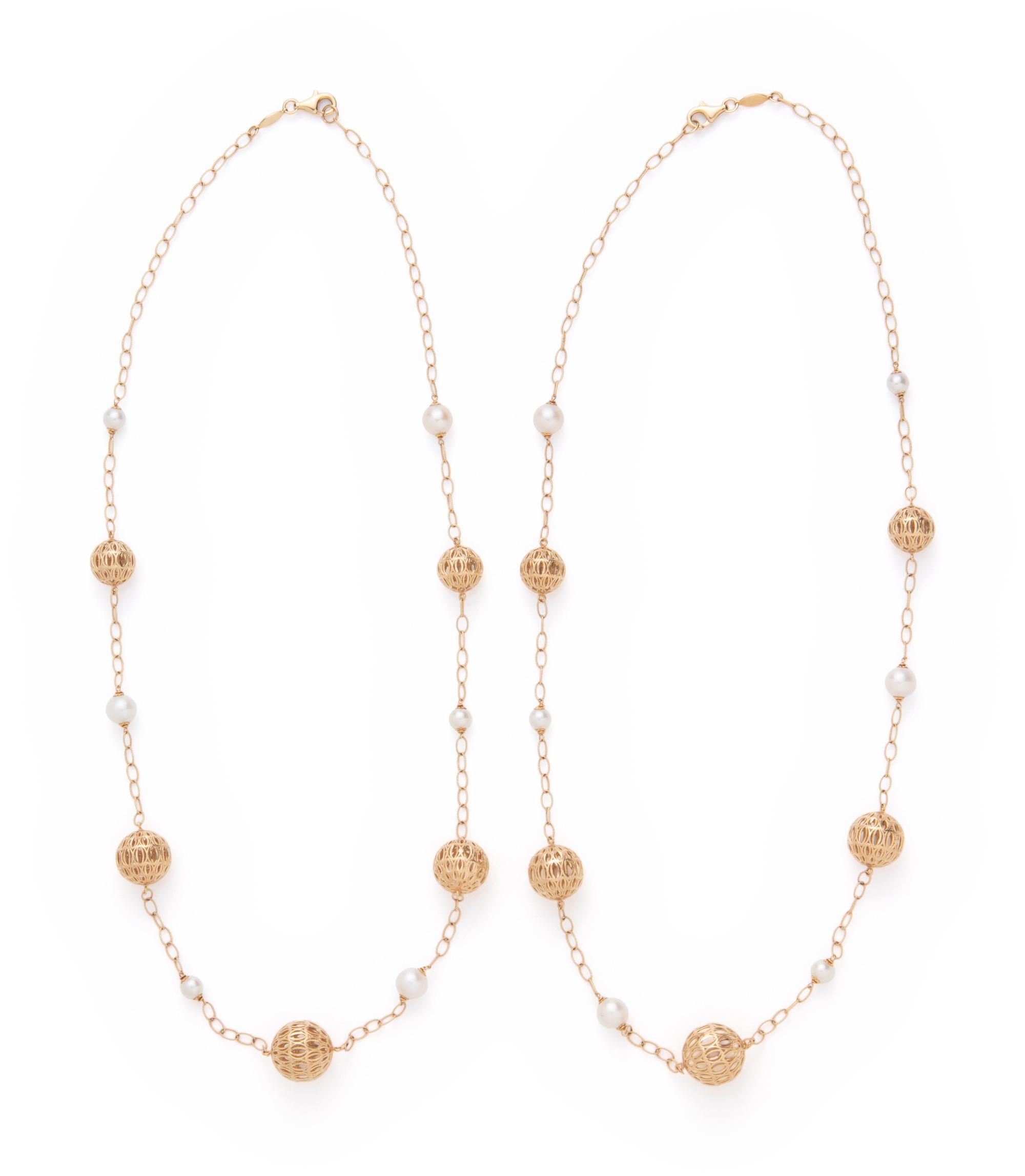 PAIR OF YELLOW GOLD AND CULTURED PEARL NECKLACES