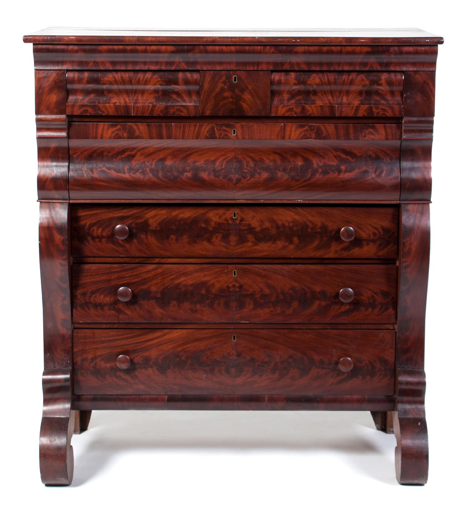 An American Empire Mahogany Chest of Drawers Height 52 x width 47 x depth 22 1/2 inches. — MID 19TH CENTURY