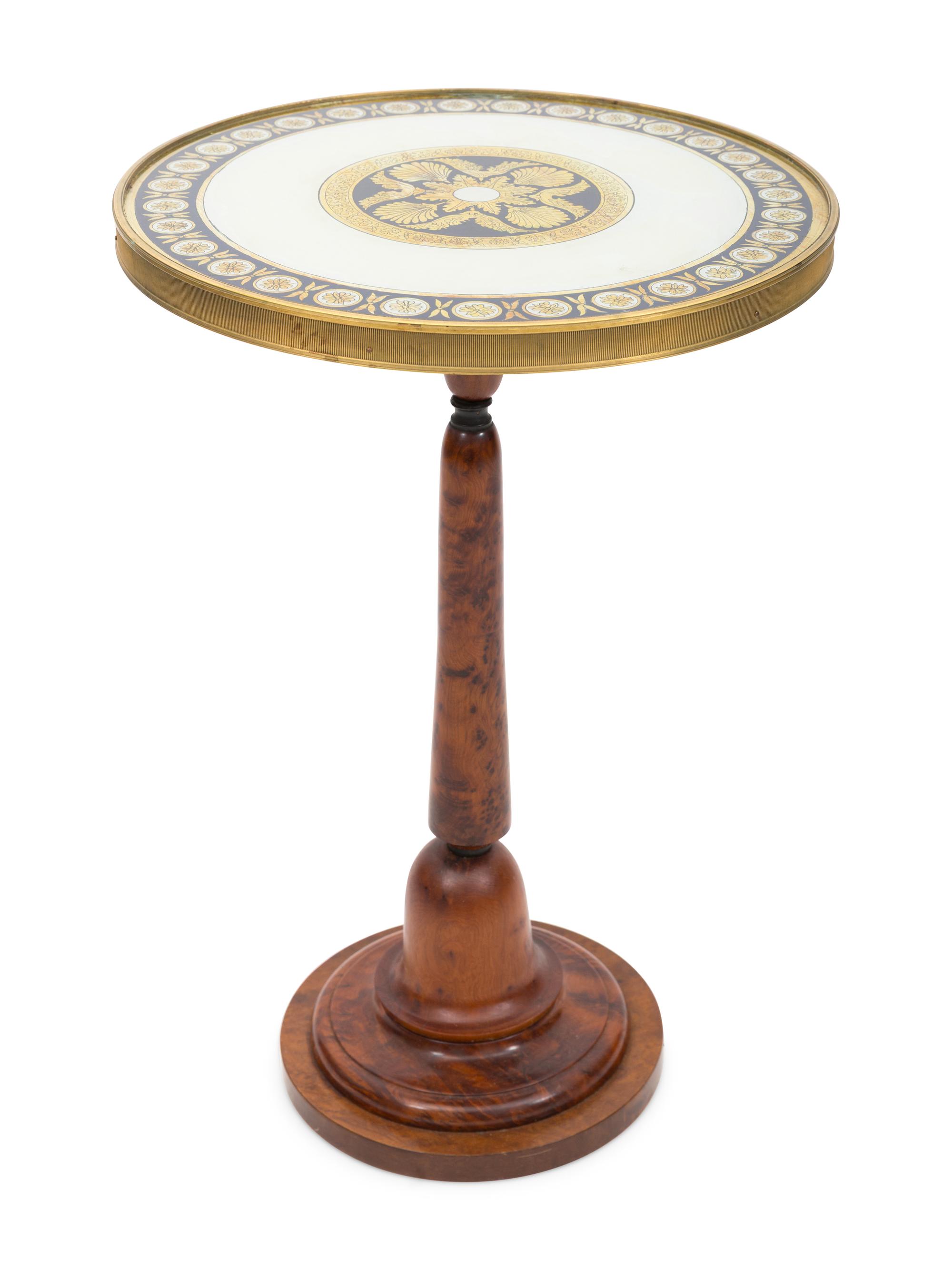 A Verre Eglomisé and Burl Walnut Pedestal Side Table