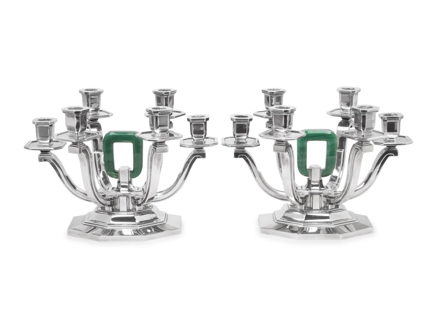 A Pair of French Silver and Aventurine Quartz Six-Light Candelabra