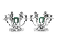 A Pair of French Silver and Aventurine Quartz Six-Light Candelabra