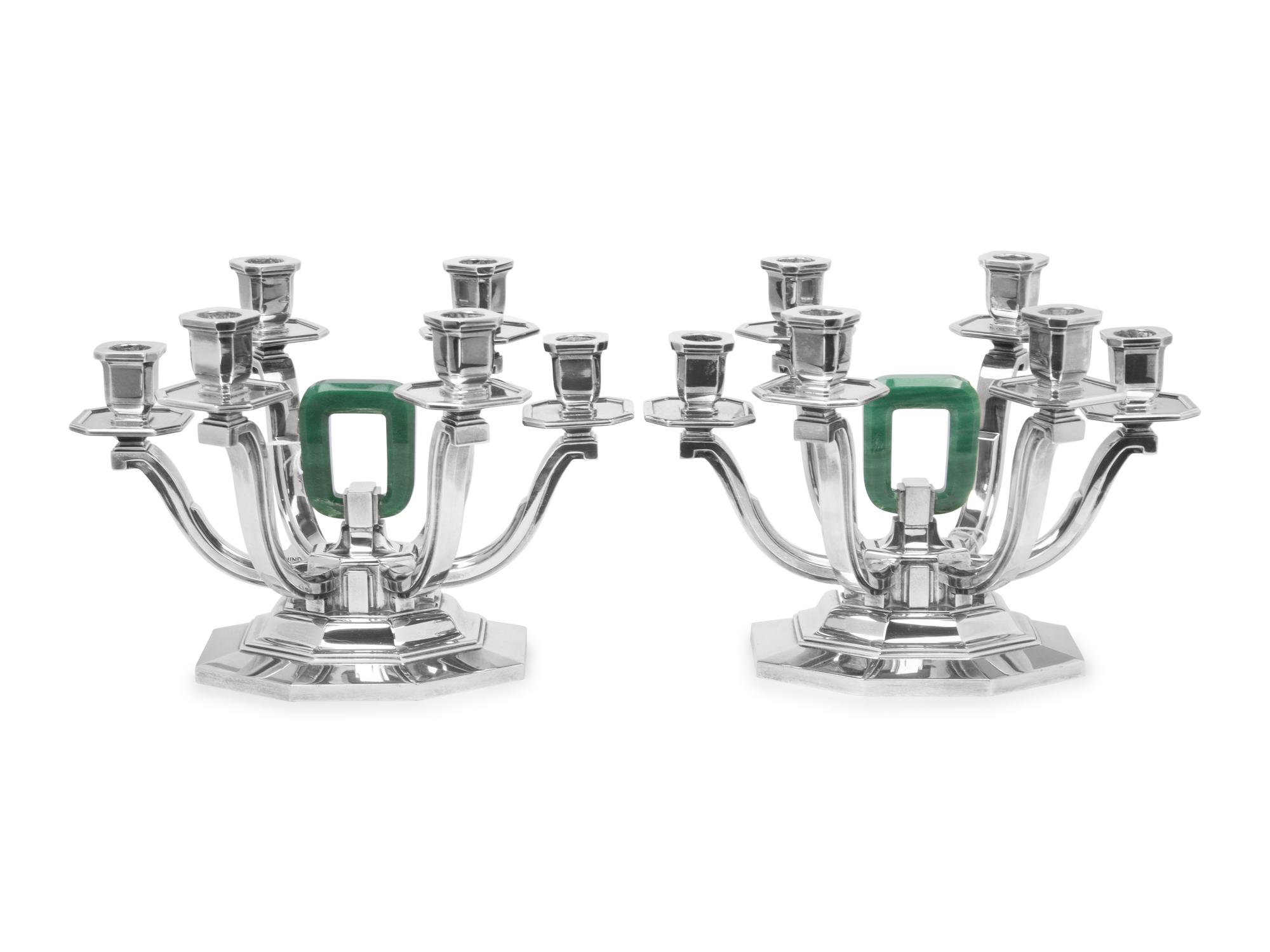 A Pair of French Silver and Aventurine Quartz Six-Light Candelabra