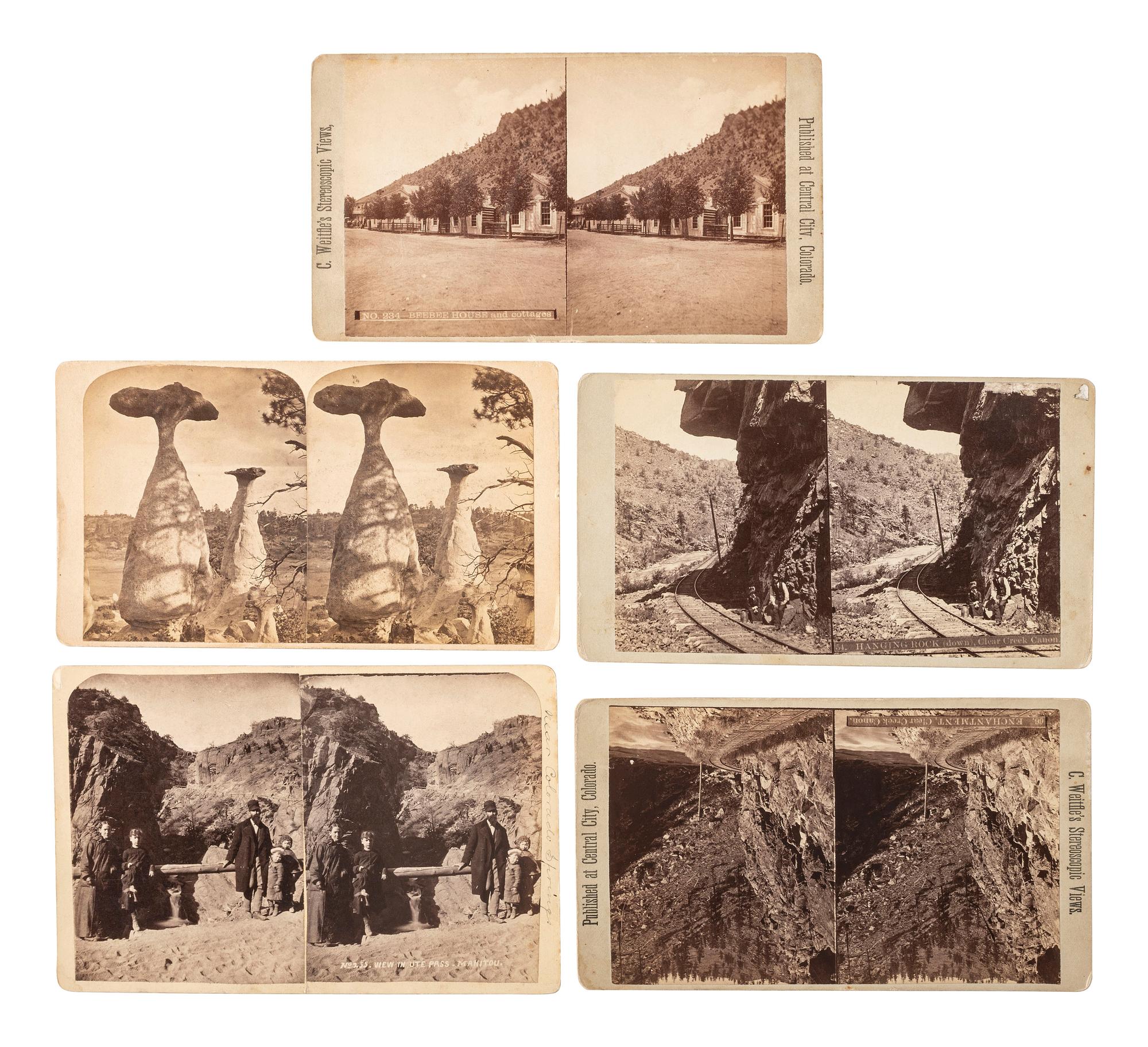 [WESTERN AMERICANA]. WEITFLE, Charles (1836-1921), photographer. A group of 7 stereoviews of Colorado, incl. a group of miners and adventurers traveling by horse-drawn wagon.