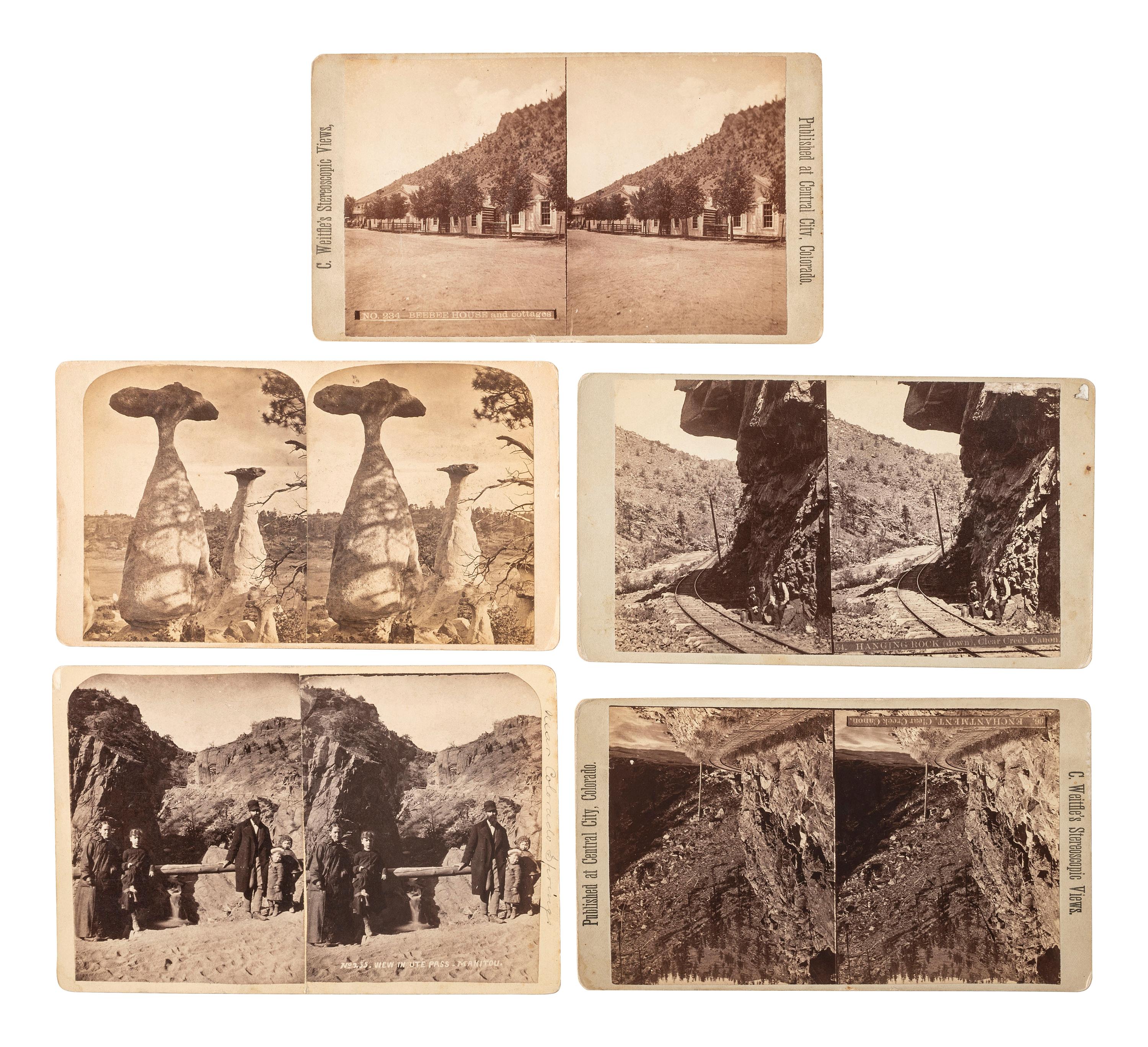 [WESTERN AMERICANA]. WEITFLE, Charles (1836-1921), photographer. A group of 7 stereoviews of Colorado, incl. a group of miners and adventurers traveling by horse-drawn wagon.