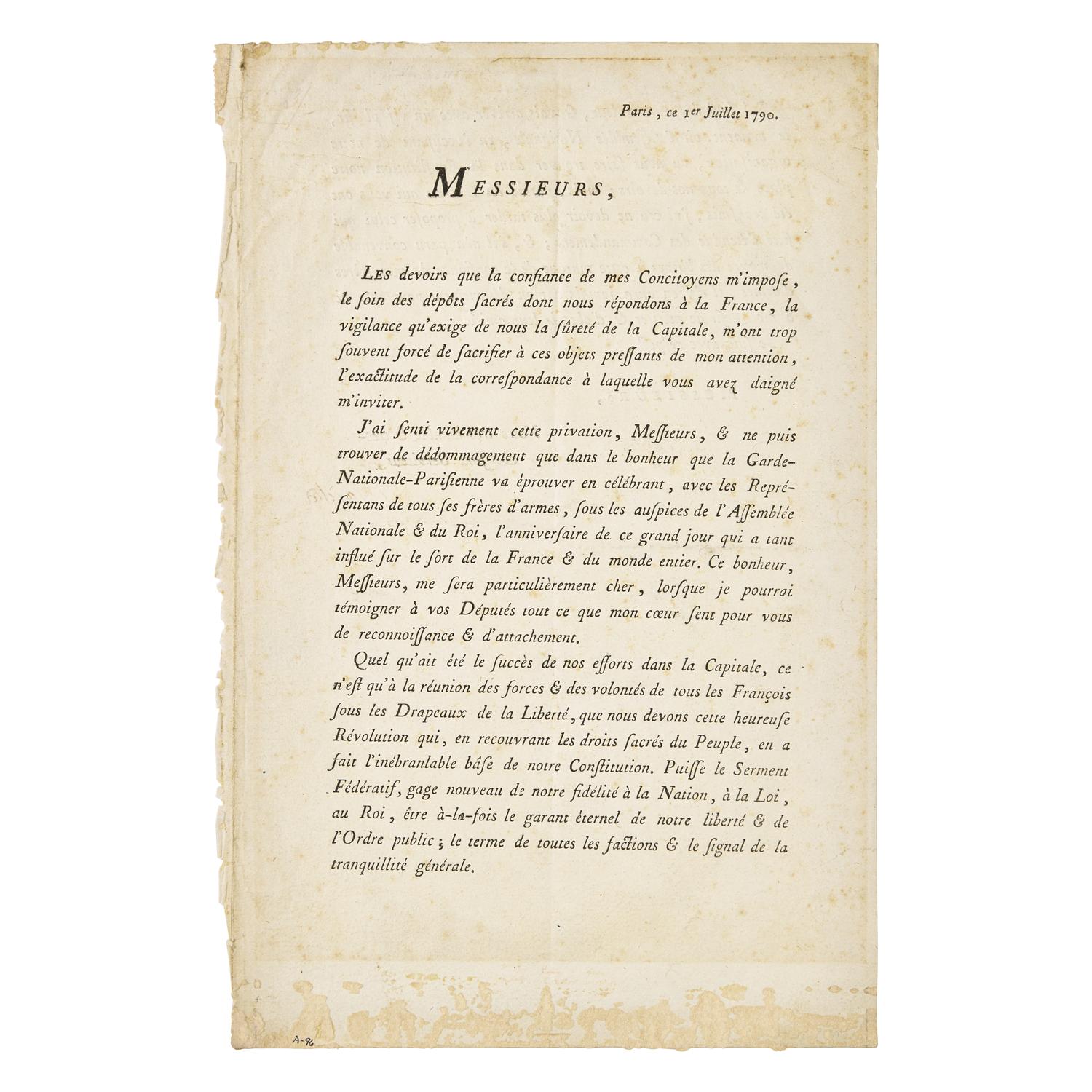 [American Revolution] [Lafayette, Marquis de] Printed Document, signed